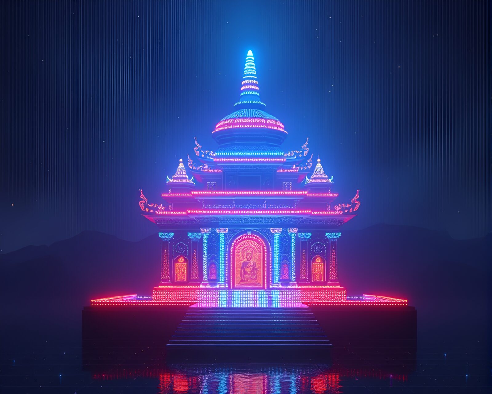 Futuristic temple glowing with holographic light in pixel grid