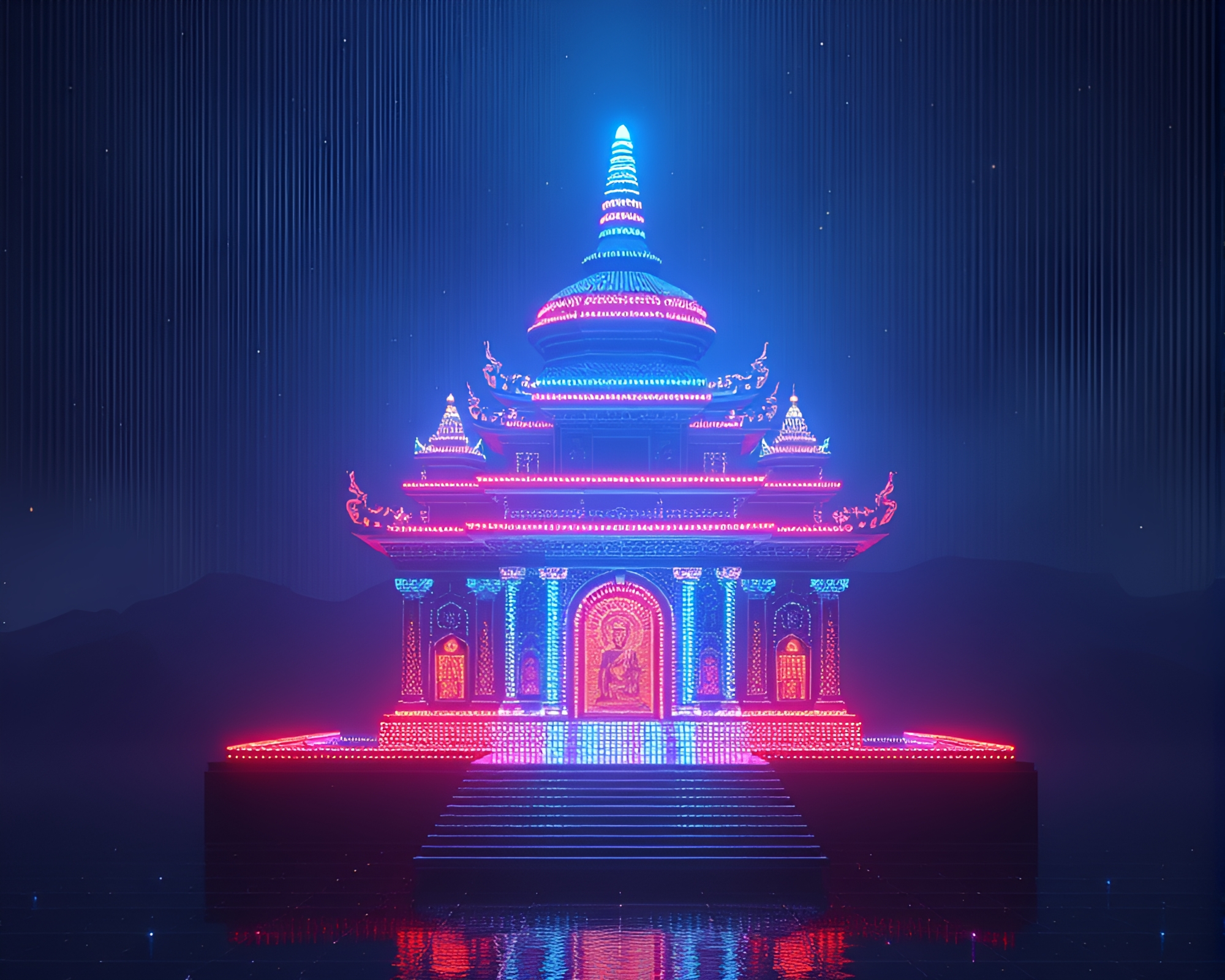 Holographic Temple in LED Pixel Grid – free AI stock image