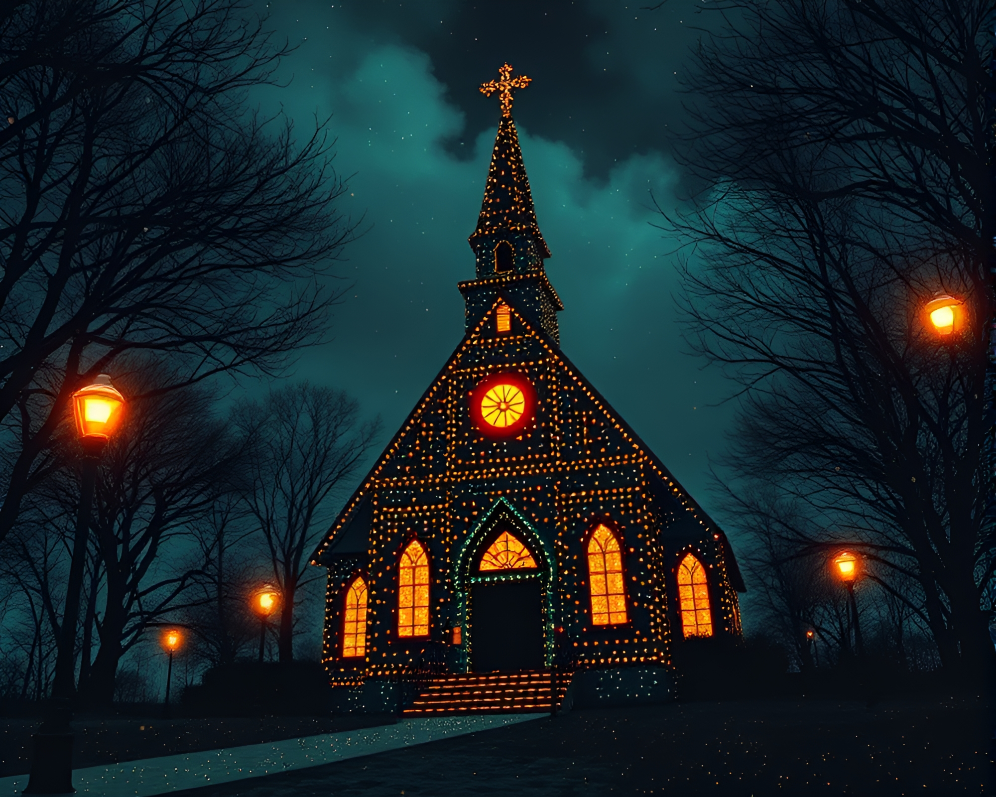 Gothic Lovecraftian Horror Pointillist Church Candlelight – free AI stock image
