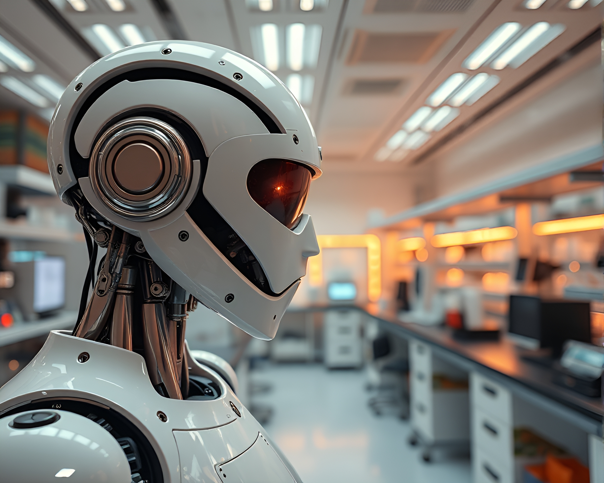 Futuristic Robotics Laboratory with Rose Gold Lighting – free AI stock image