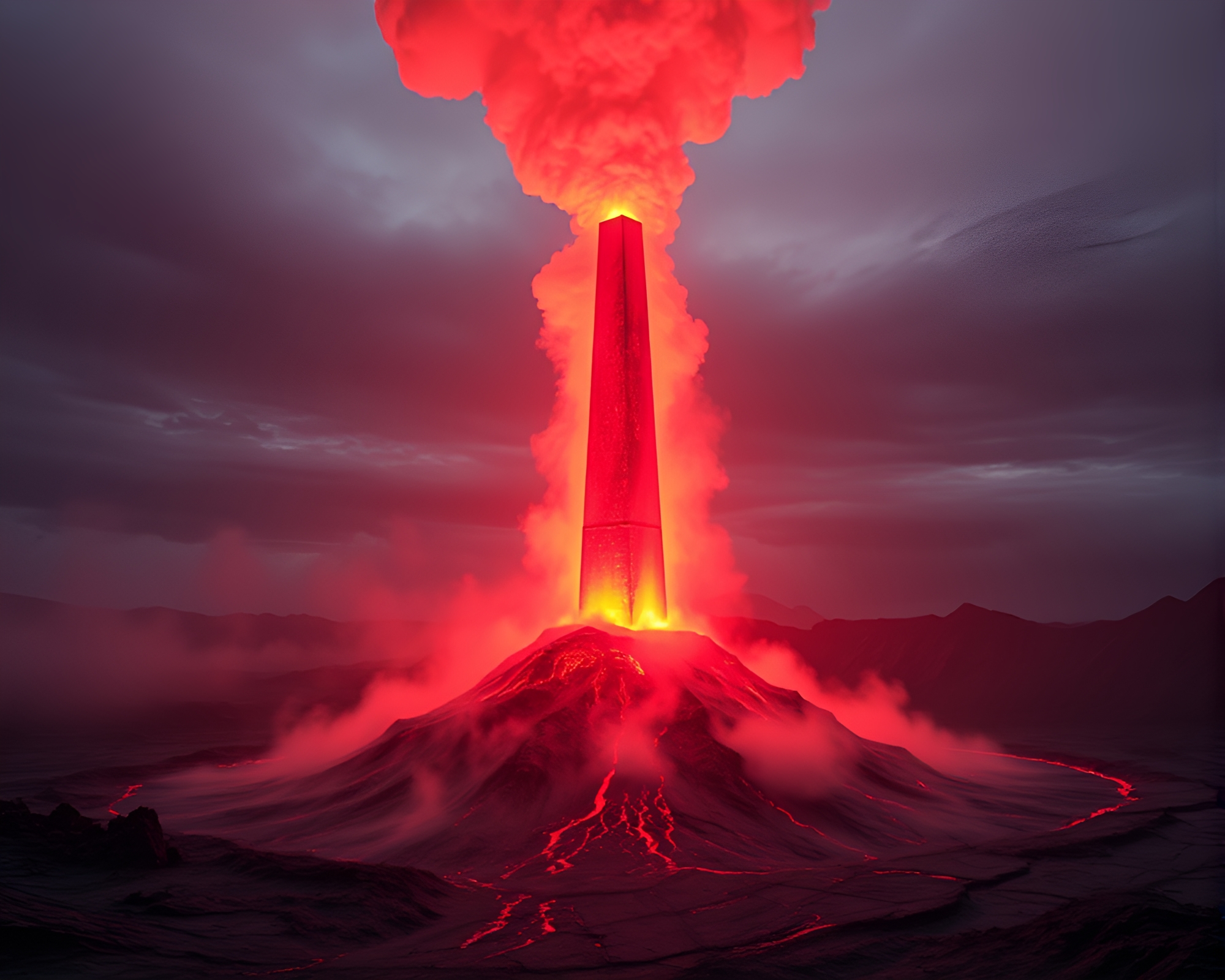 Stereoscopic Obelisk Rising in Volcanic Steam – free AI stock image