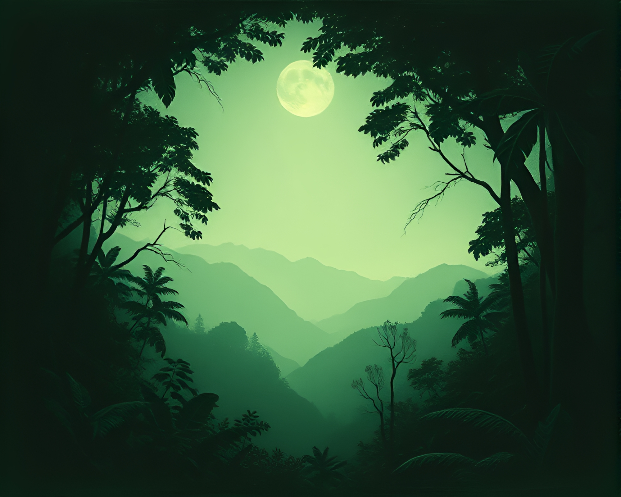 Telescope View: Rainforest Glow Through Etched Frame – free AI stock image