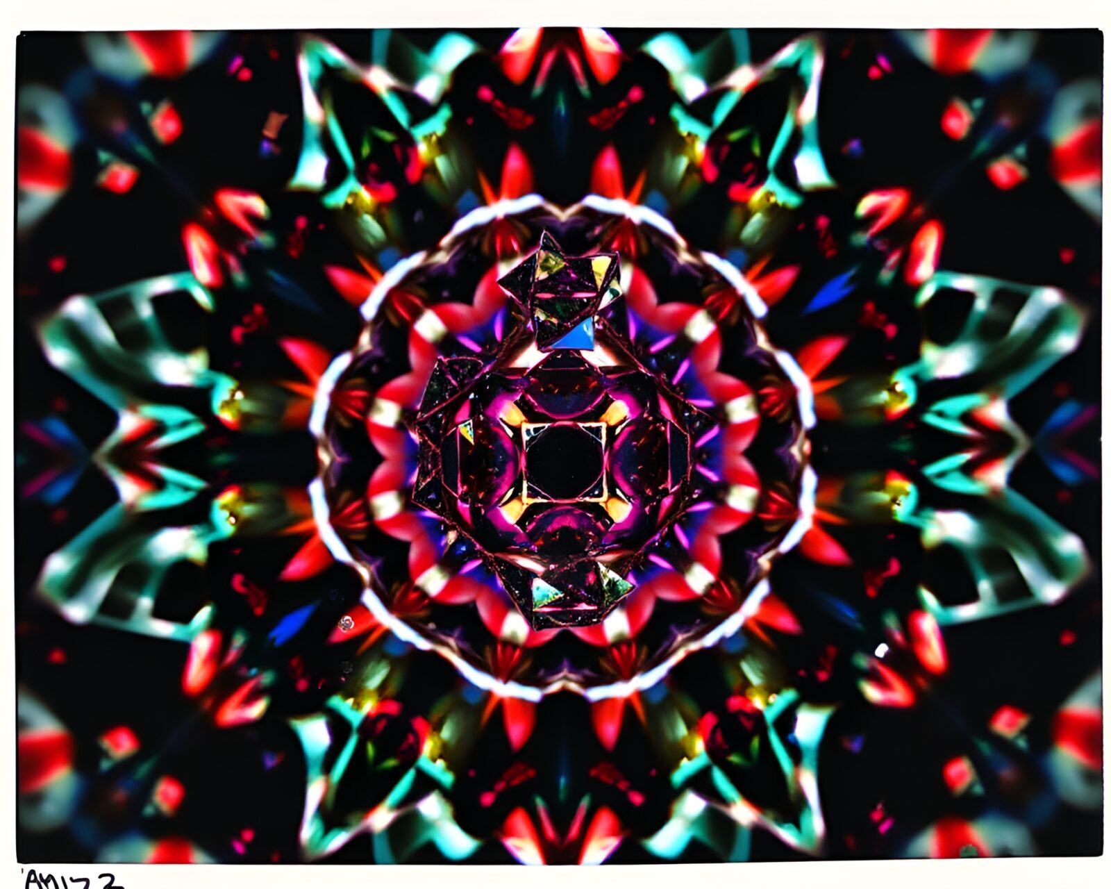 Colorful explosion of an antimatter grenade in a kaleidoscope
