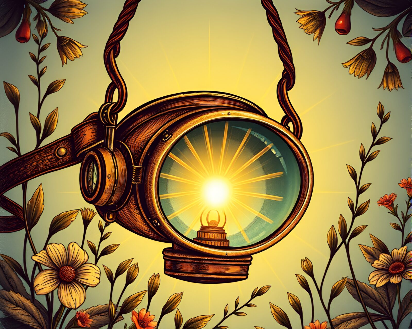 Intricate steampunk goggles surrounded by botanical designs and lens flare
