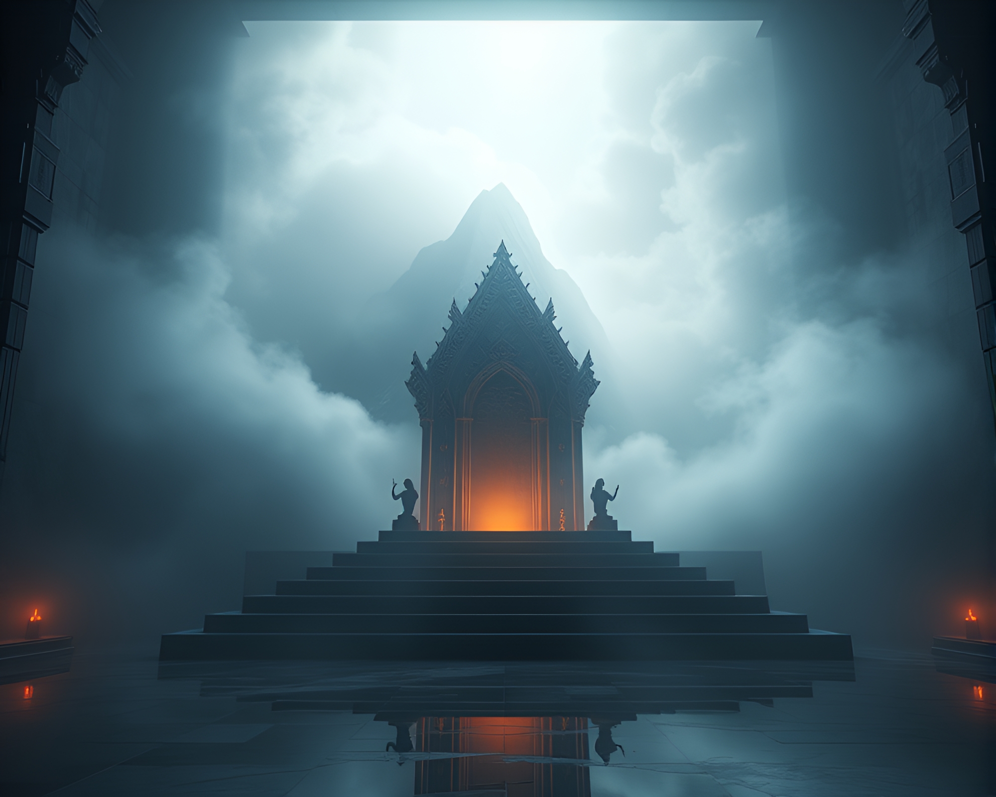 Mist-Shrouded Mountain Reflecting in Throne Room Glow – free AI stock image