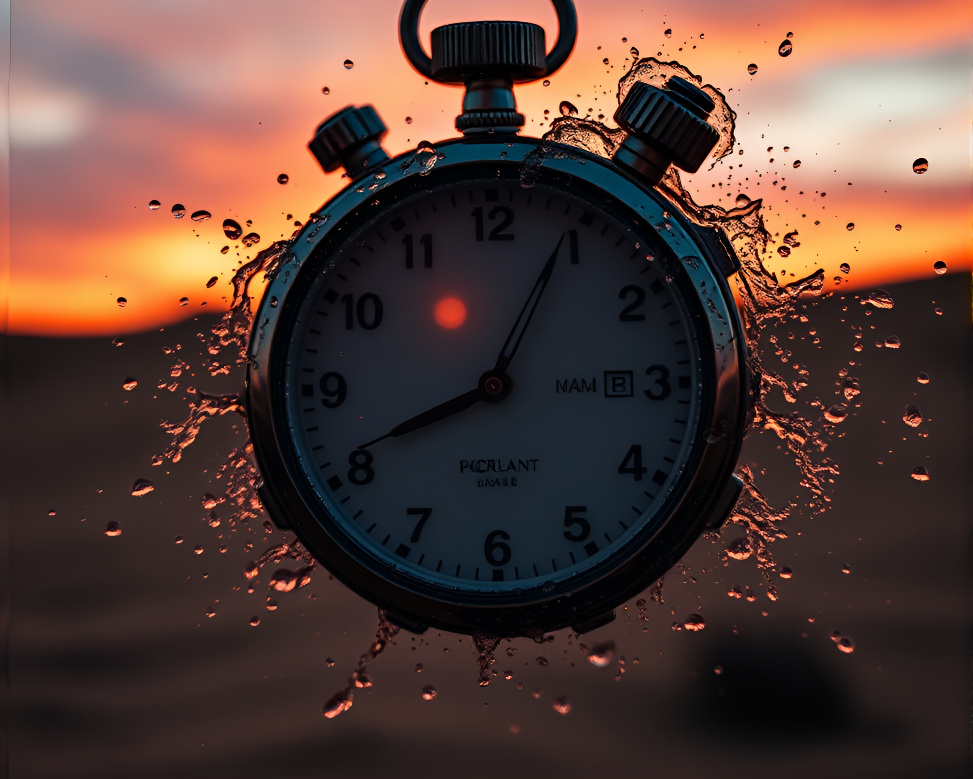 Captured Time: Desert Sunset Pocket Watch Motion – free AI stock image