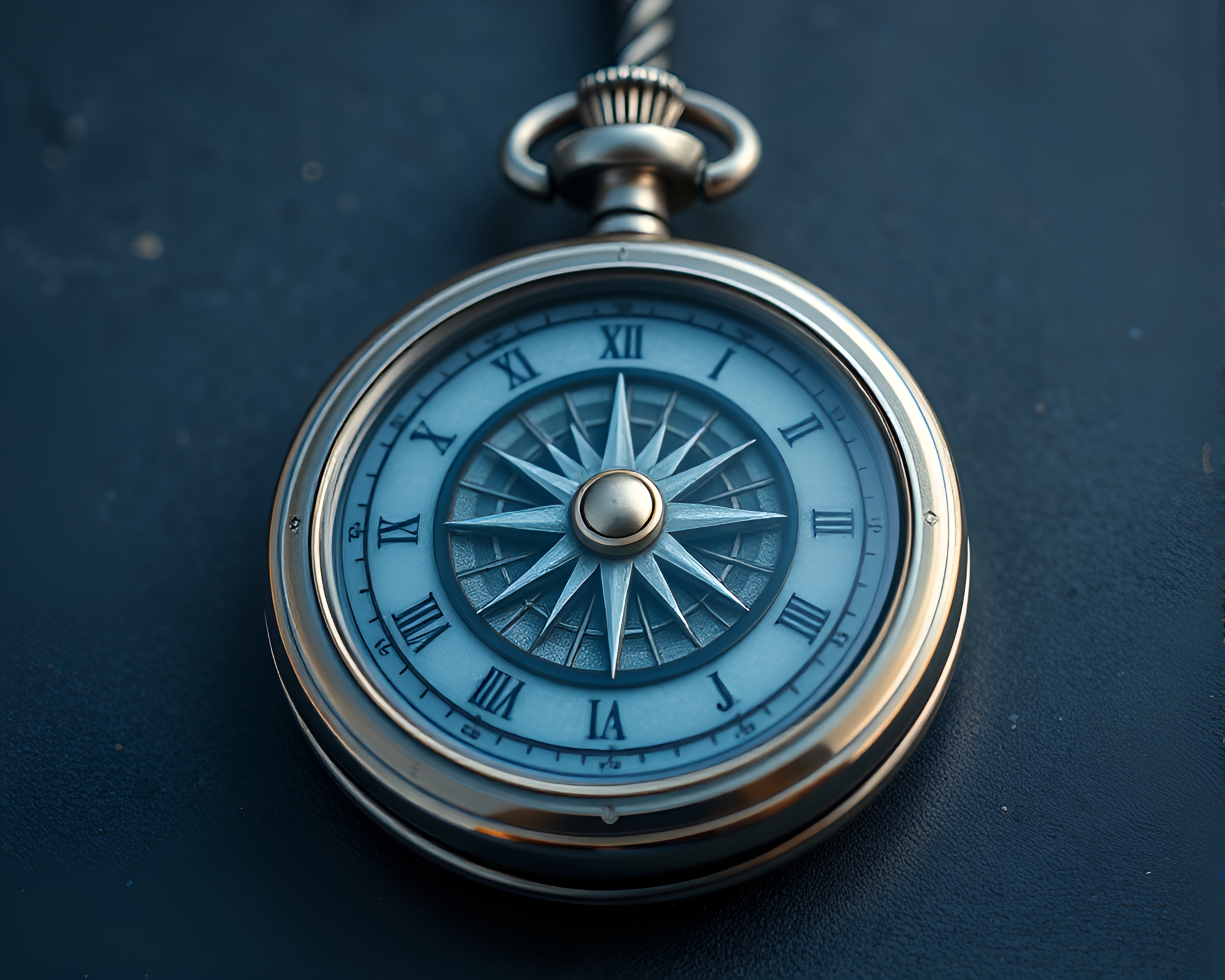 Pocket Sundial in Steel-Blue Shadow Play – free AI stock image