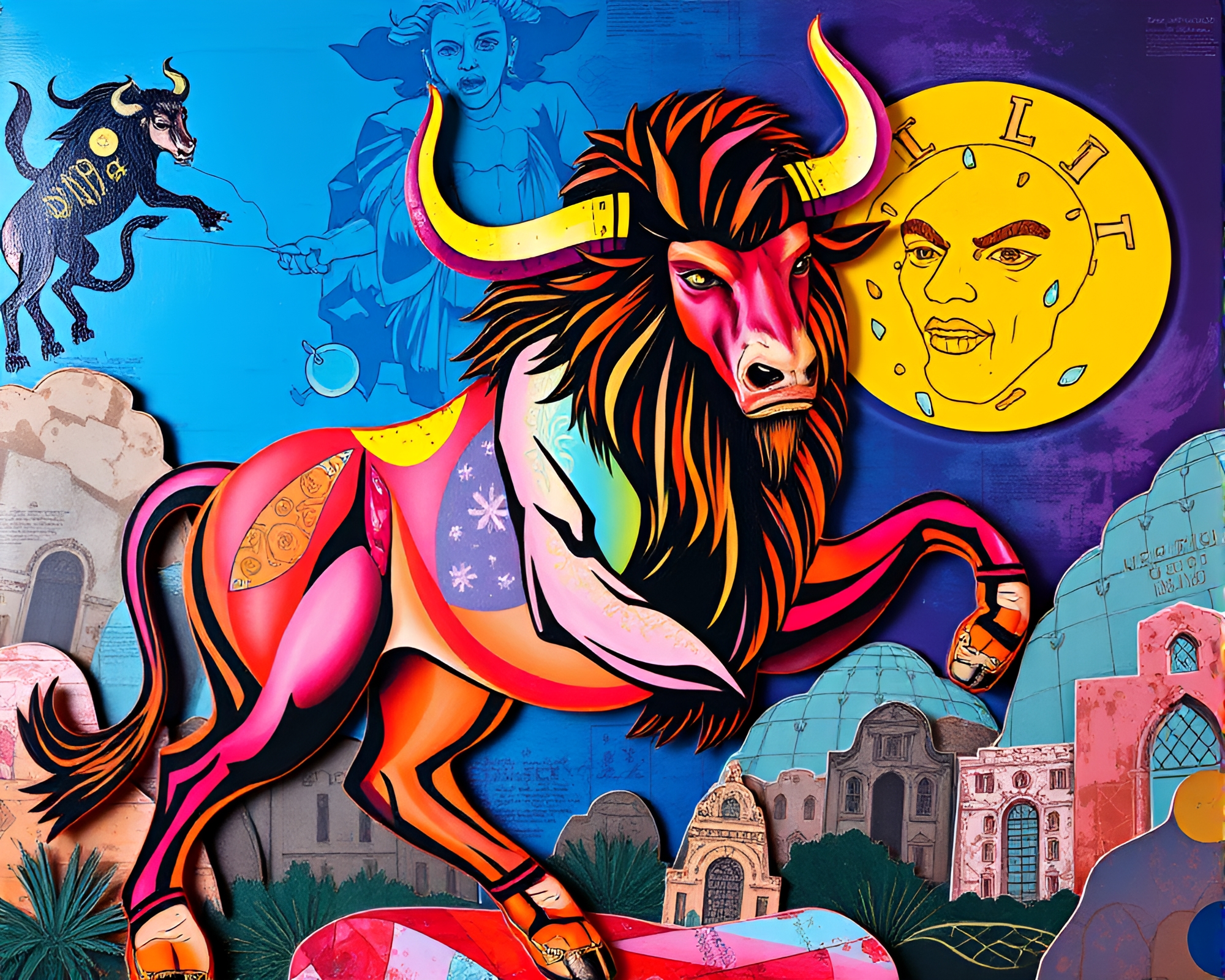 Vibrant Neon Minotaur Collage Fresco Painting – free AI stock image