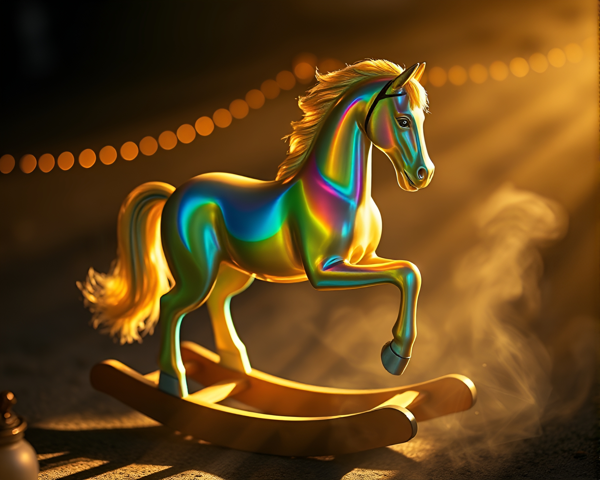 Iridescent Wooden Rocking Horse by Bonfire Light – free AI stock image