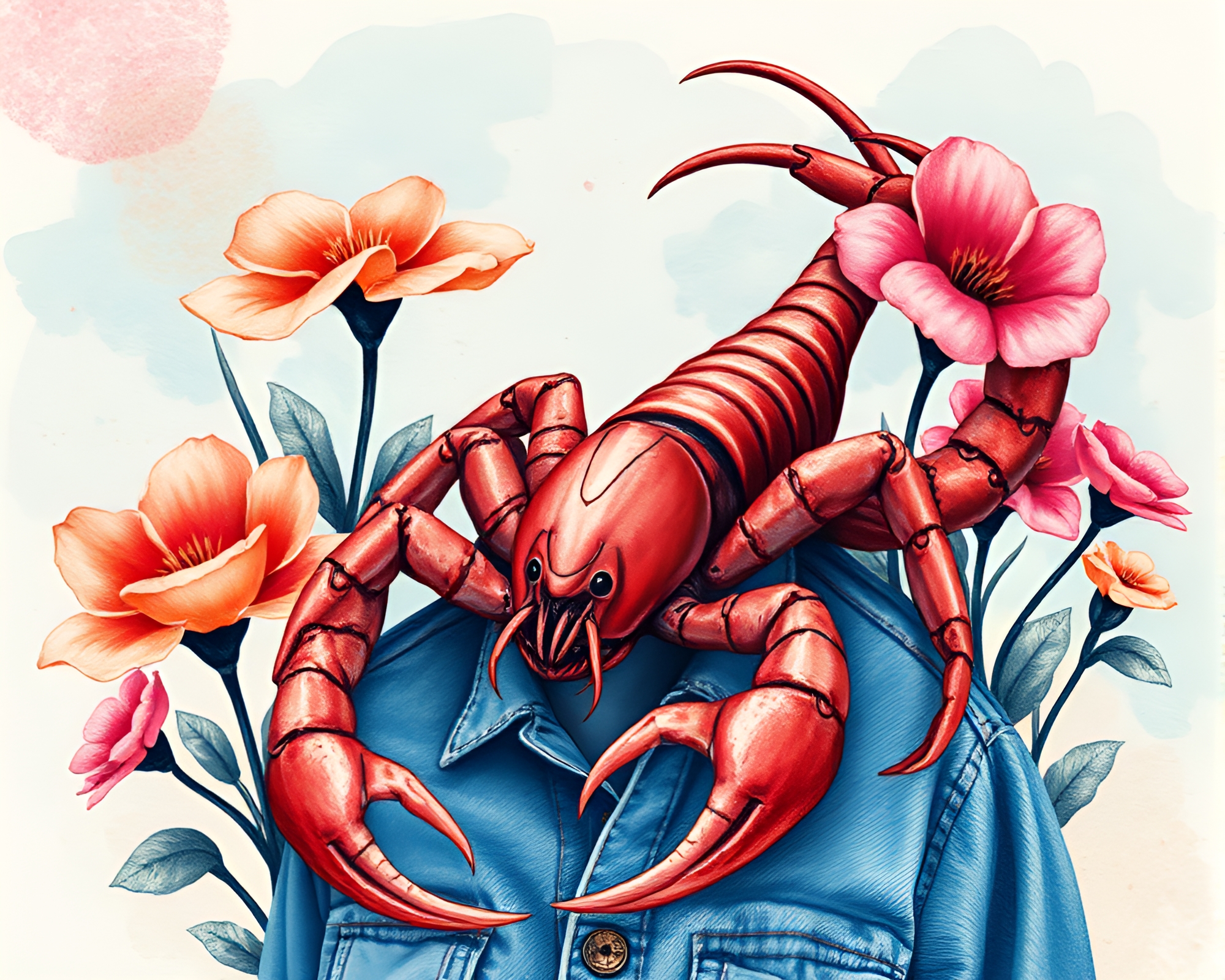 Scorpio Botanical Watercolor Blooms Retro Futurism – free AI stock image