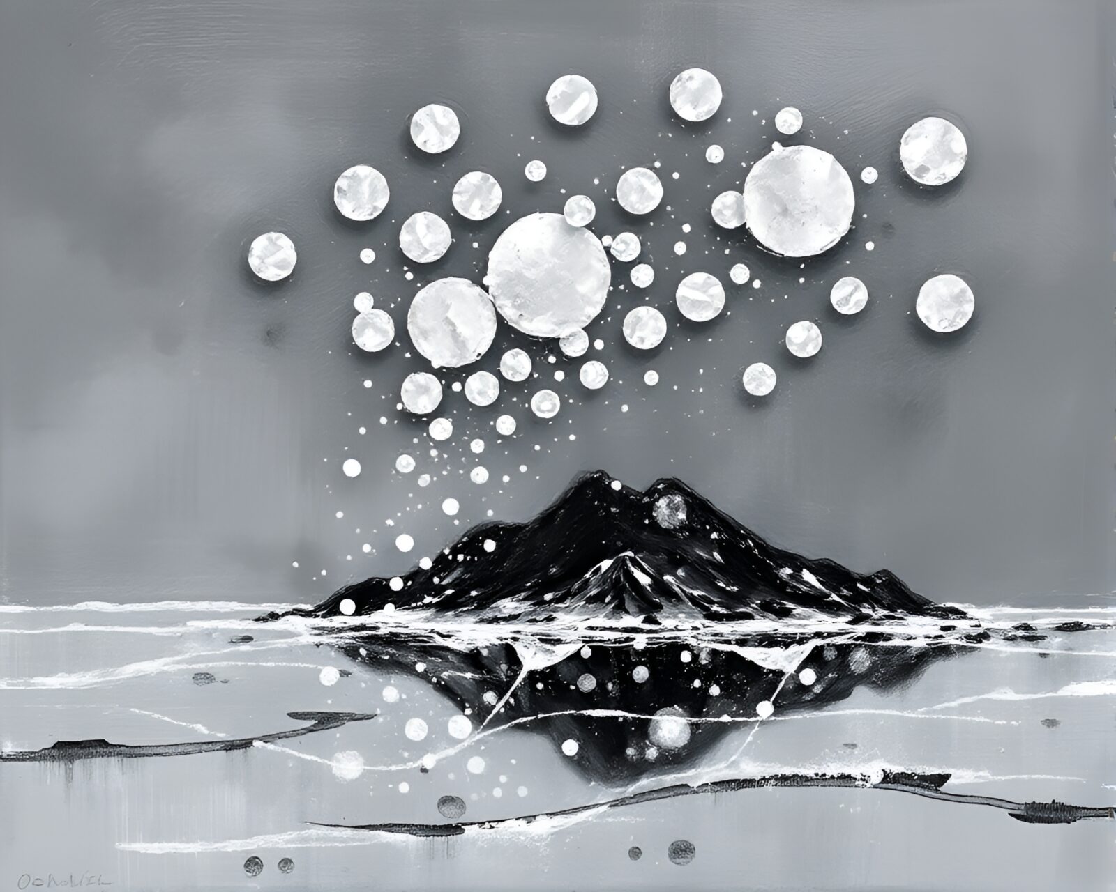 Palette knife painting of bubble clusters on gray island