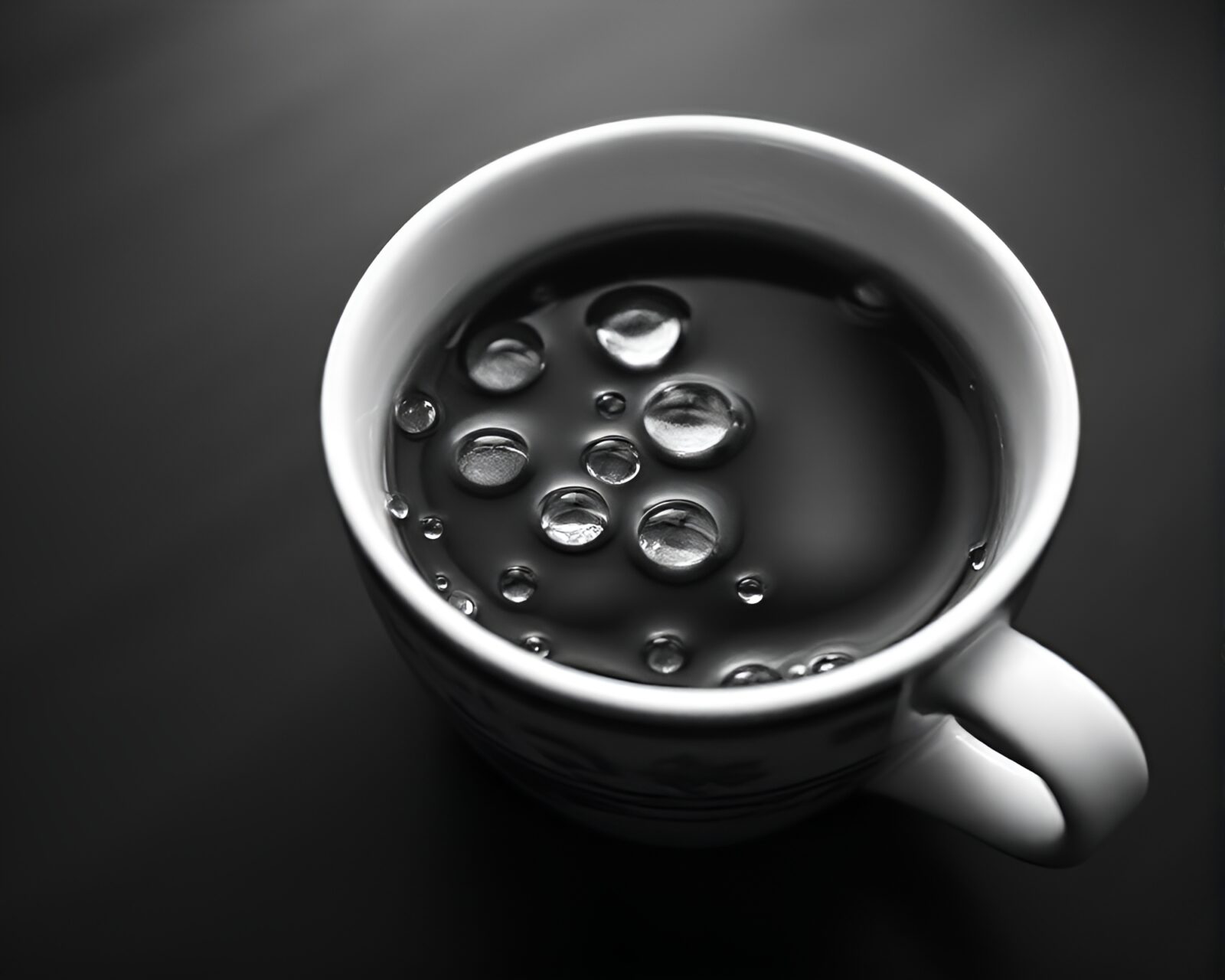Monochrome image of a floating tea cup covered in dew drops