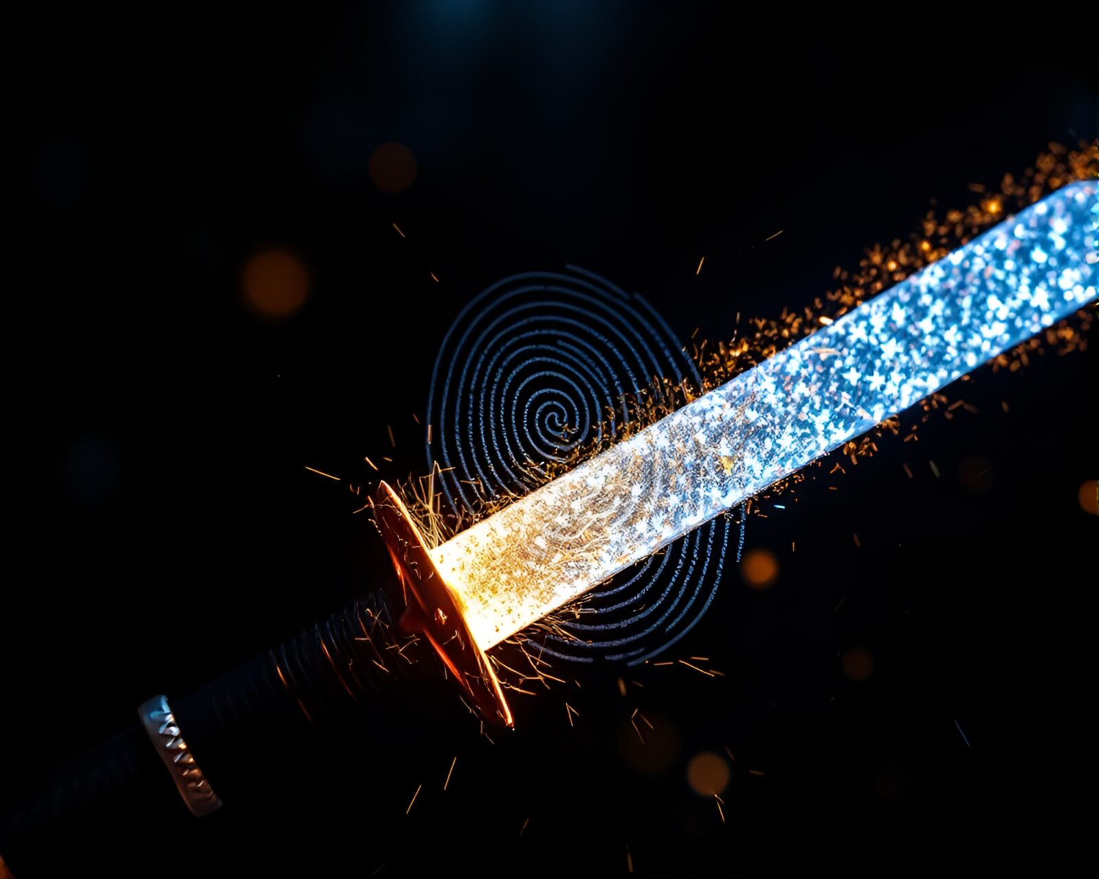 Intricate fingerprint swirls in a dazzling sword embedded with glitter dust