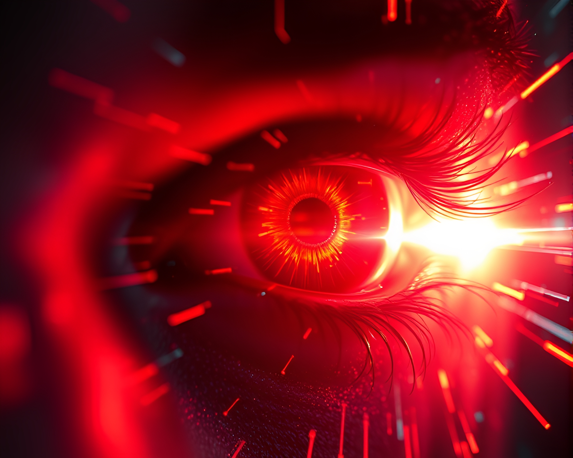 Glitch Art Cybernetic Eye Close-Up with Solar Flare Glow – free AI stock image