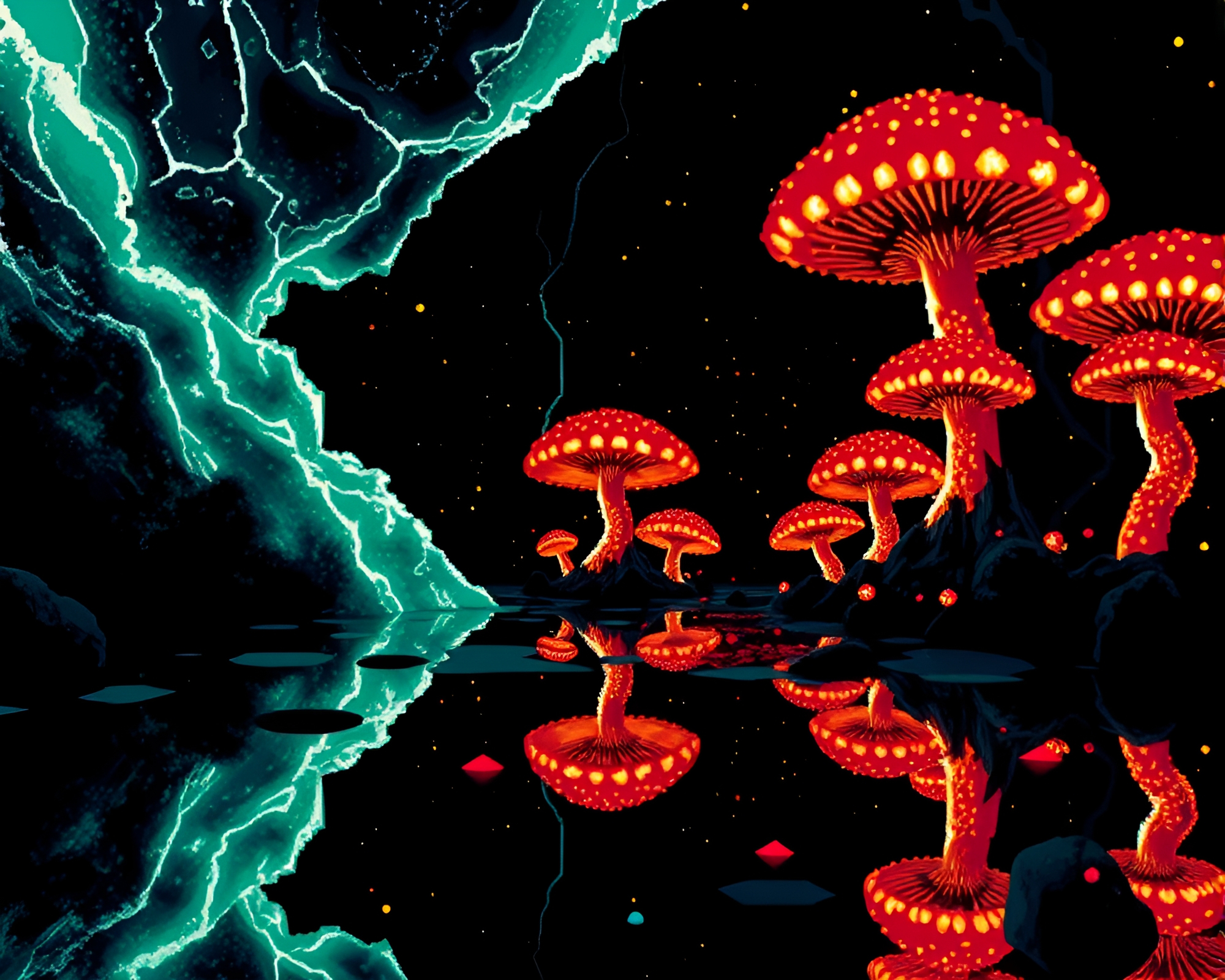 Neon Fungal Noir: Pixel Shard Reflection – free AI stock image