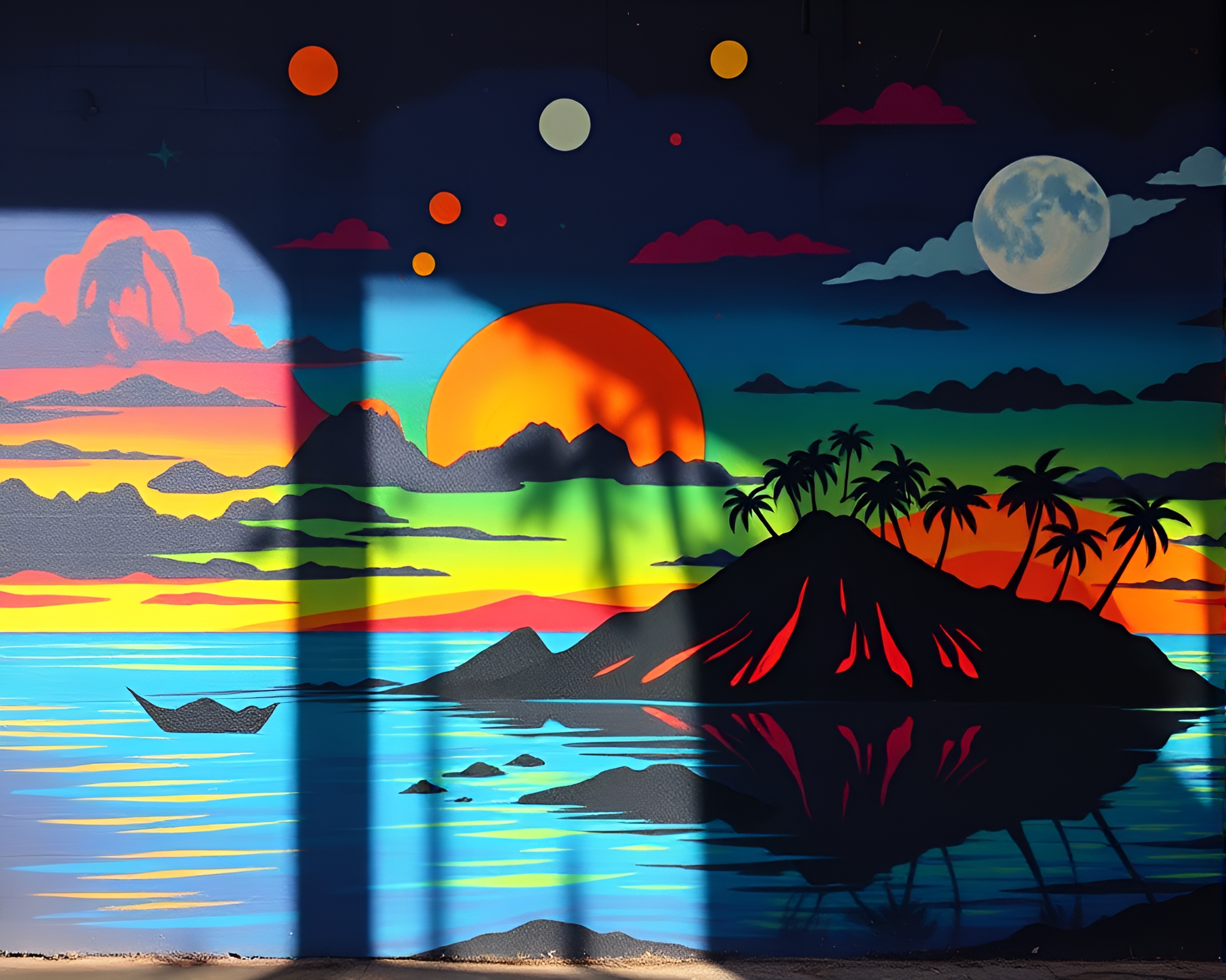 Neon Mural: Volcanic Island Stencil Shadows – free AI stock image