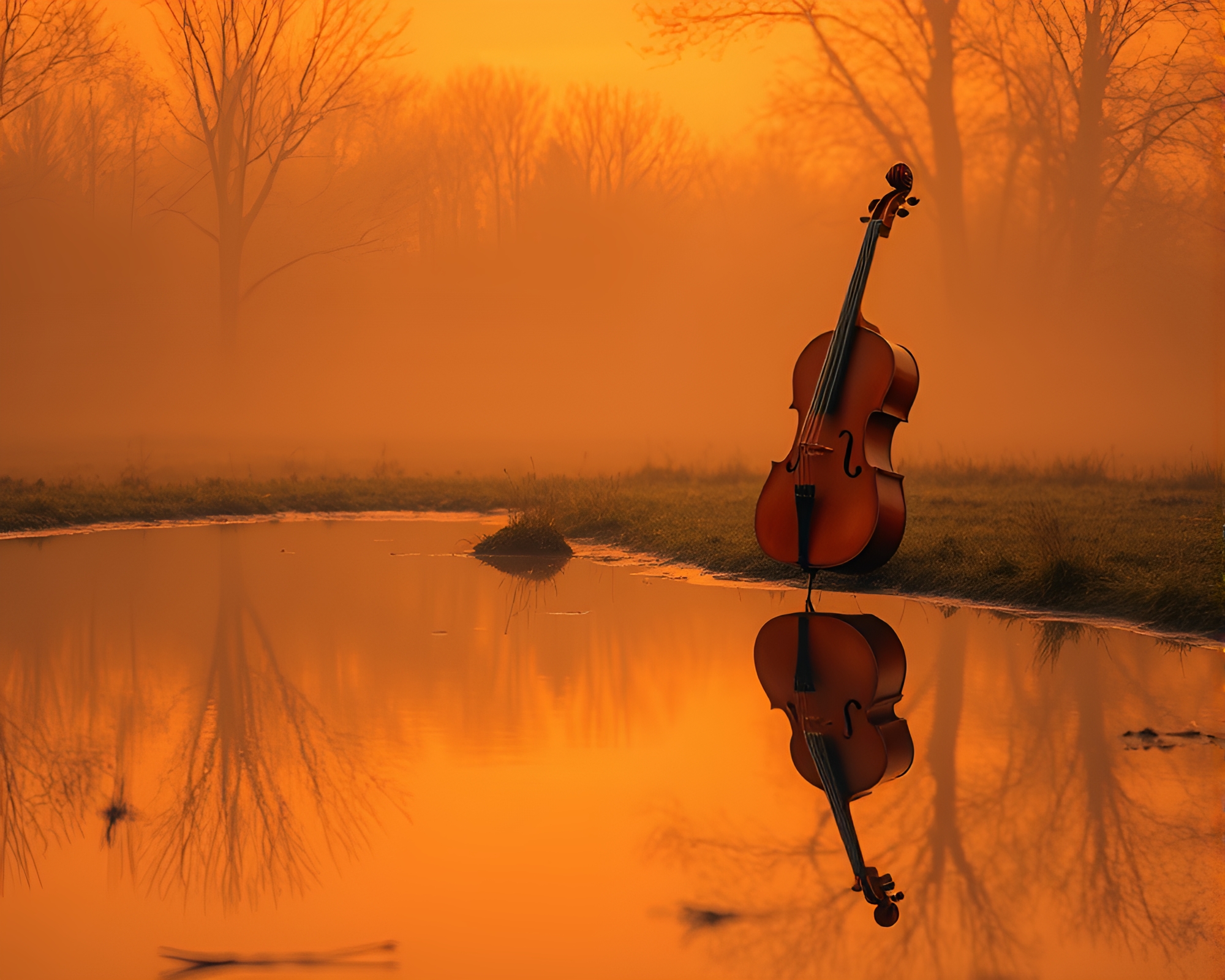 Cello Reflection in Burnt Orange Puddle Duotone – free AI stock image