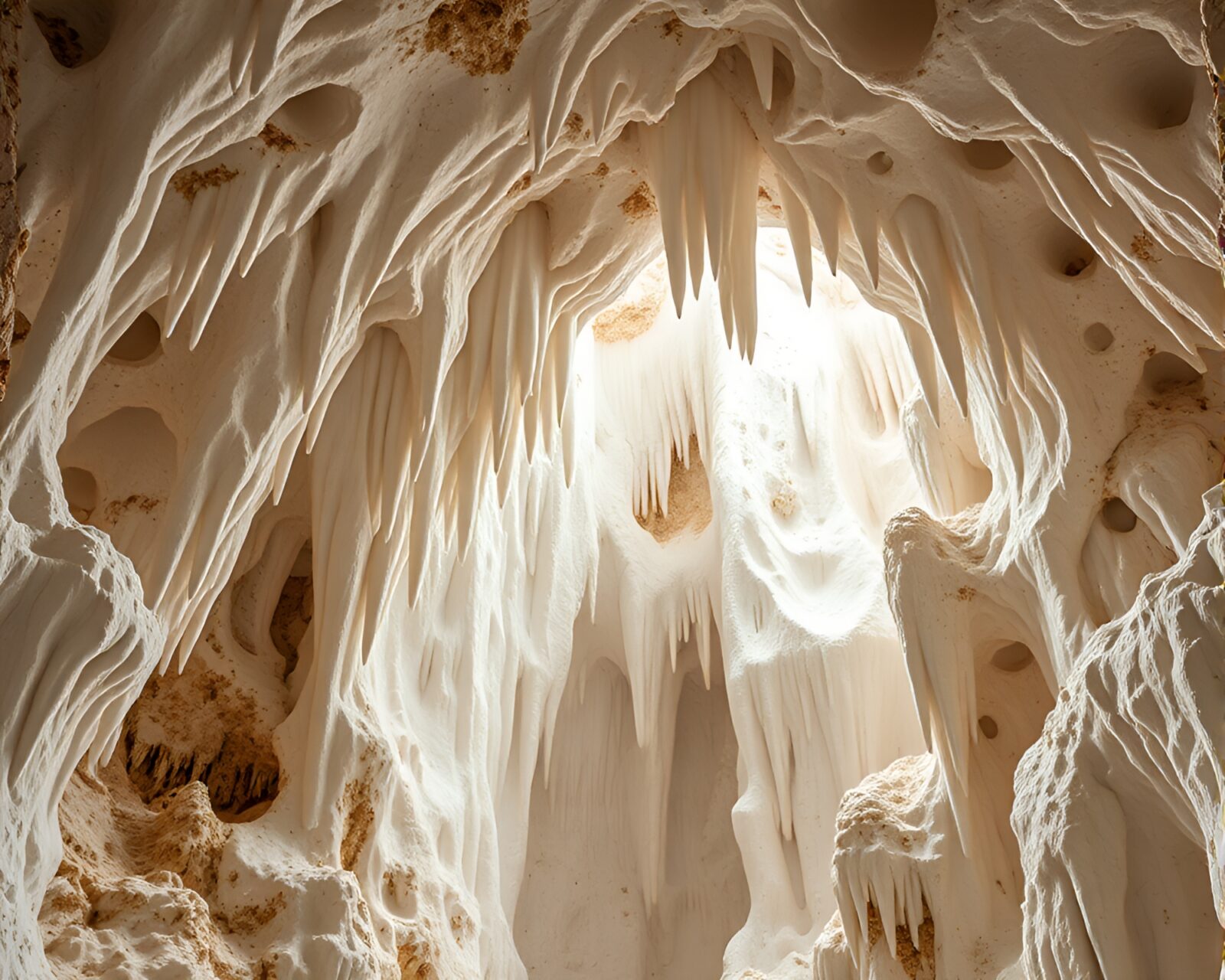 Off-center ivory white fractal cave stalactites in dim light