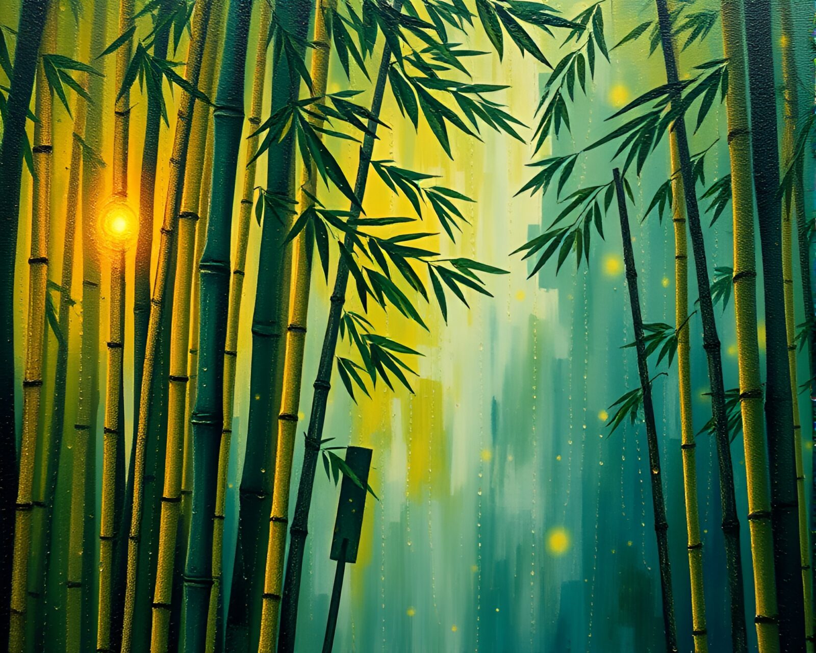 Encaustic painting of rain droplets on bamboo grove with fractal glow