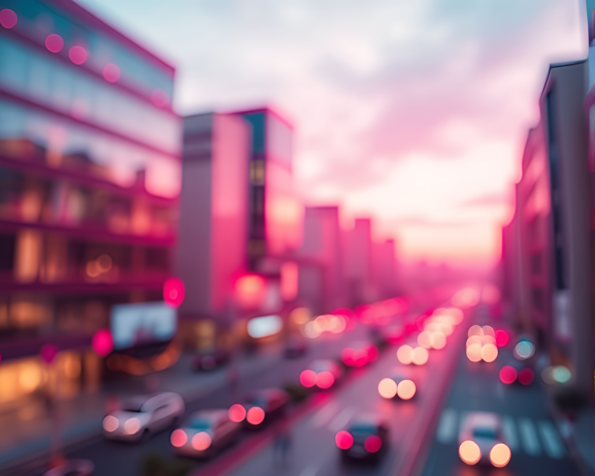 Procedurally Generated Magenta Cityscape with Bokeh Foreground – free AI stock image