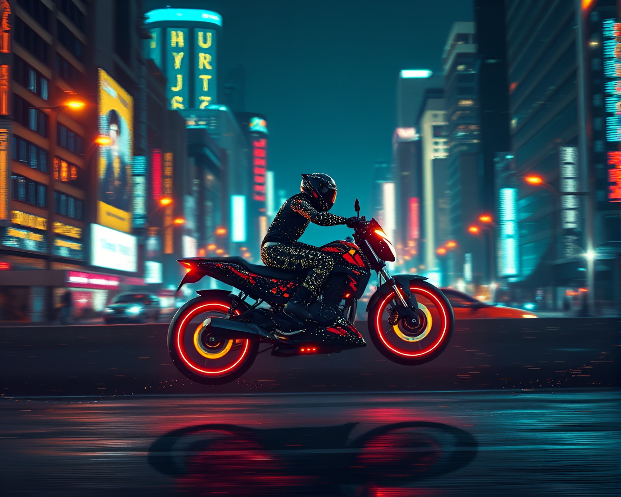 Neon-lit Hoverbike Chase through Futuristic Dot Matrix City – free AI stock image