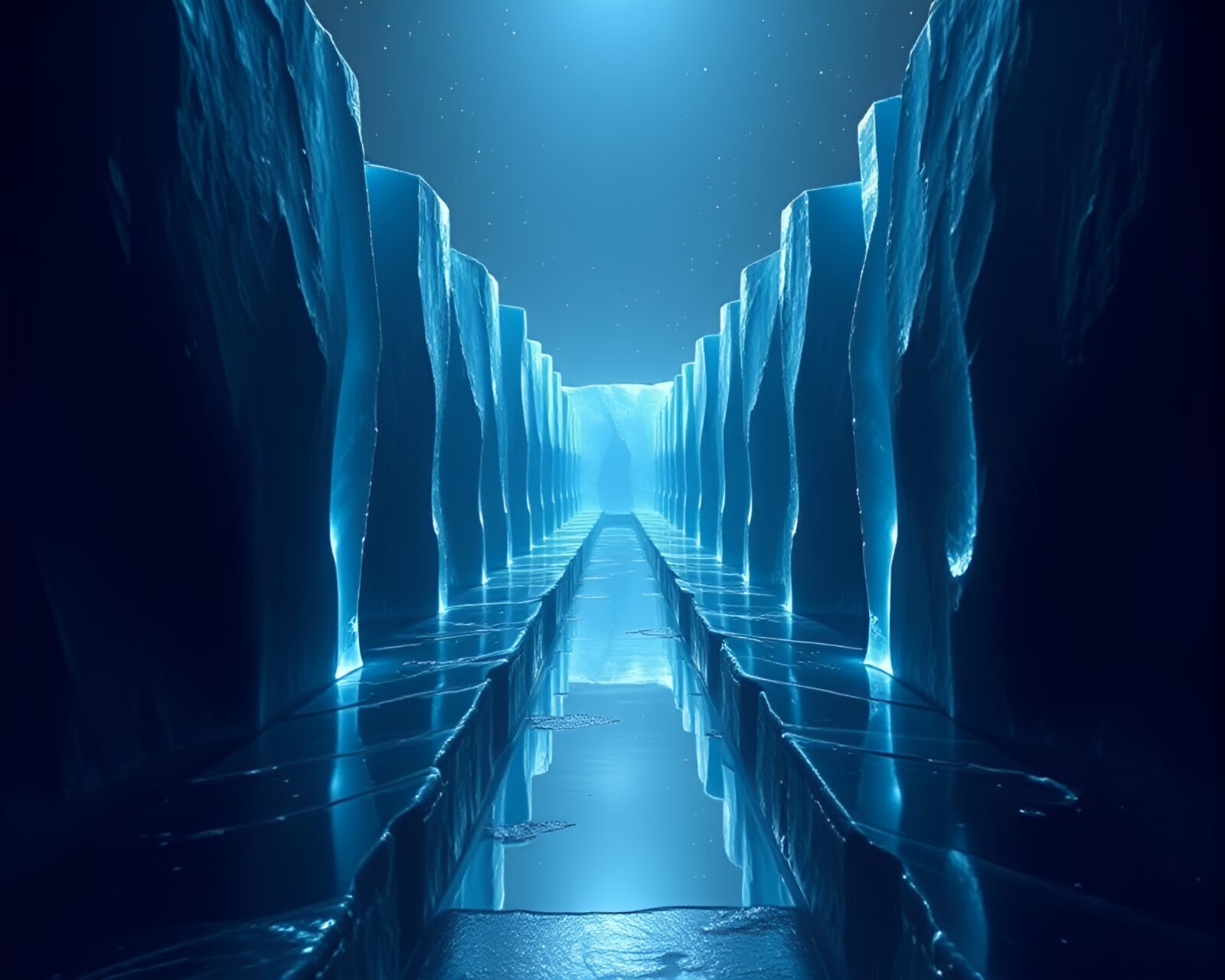 Mysterious silhouette in icy mirror maze with shattered crystals