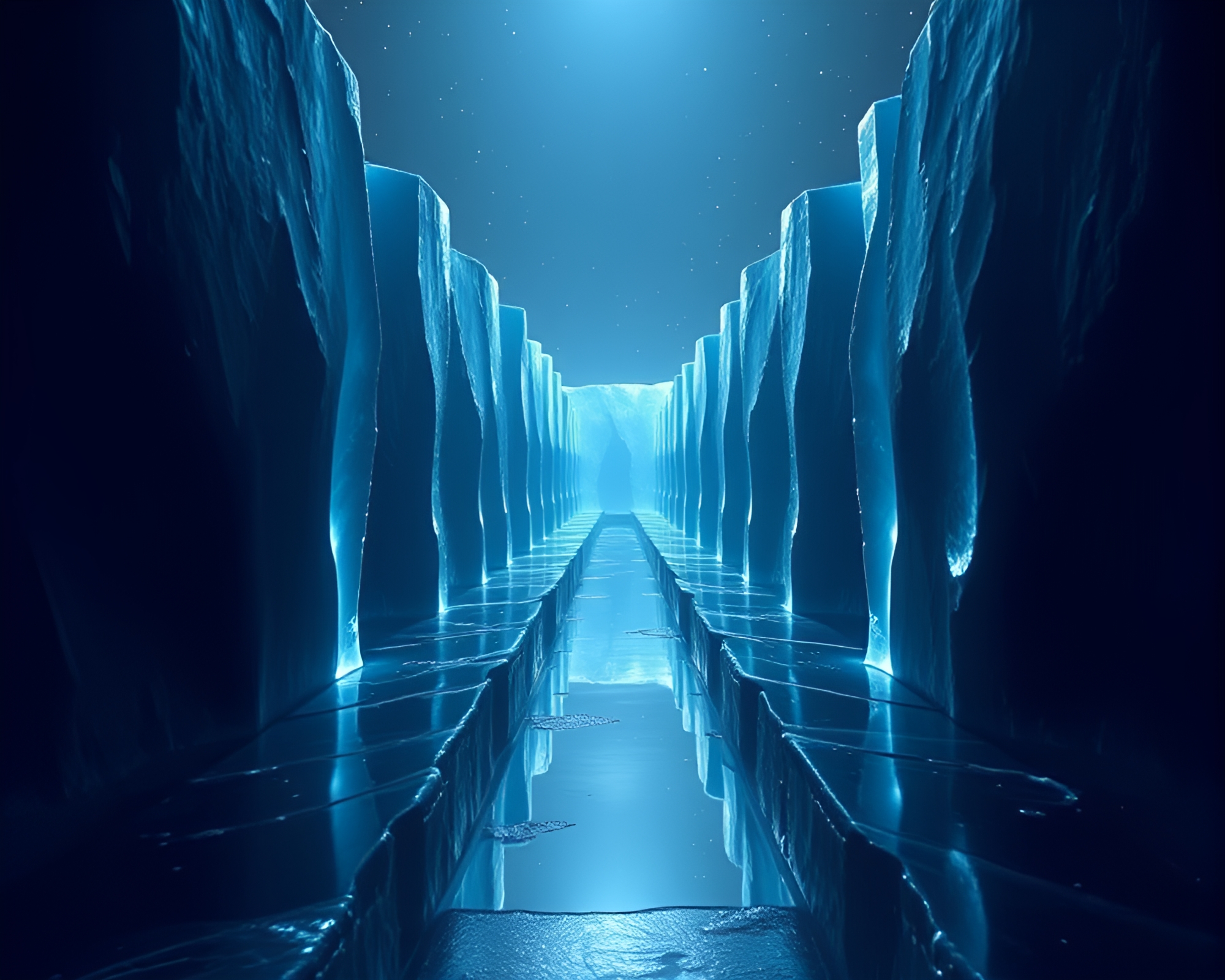 Shattered ice crystal mirror maze backlit silhouette – free AI stock image