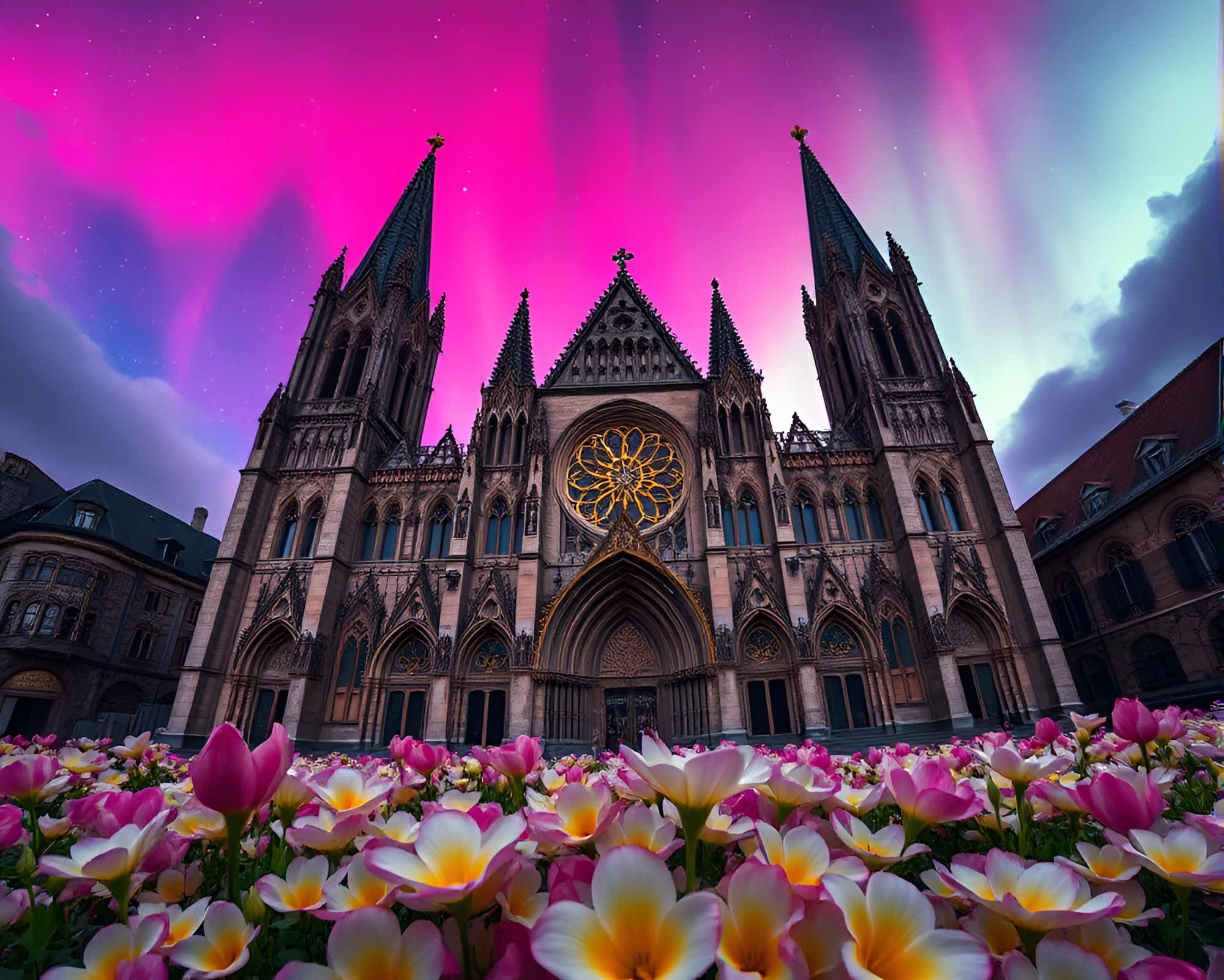 Gothic Cathedral Illuminated by Aurora Petal Hues – free AI stock image