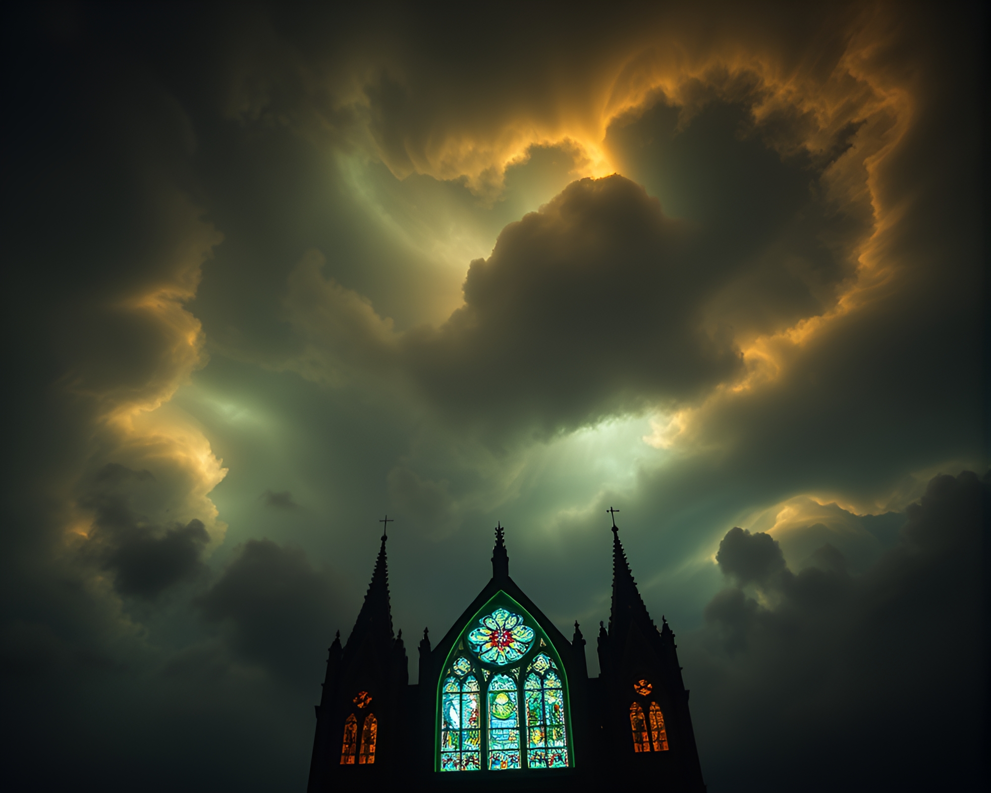 Bioluminescent Fungi in Stained Light Cathedral Cloudscape – free AI stock image