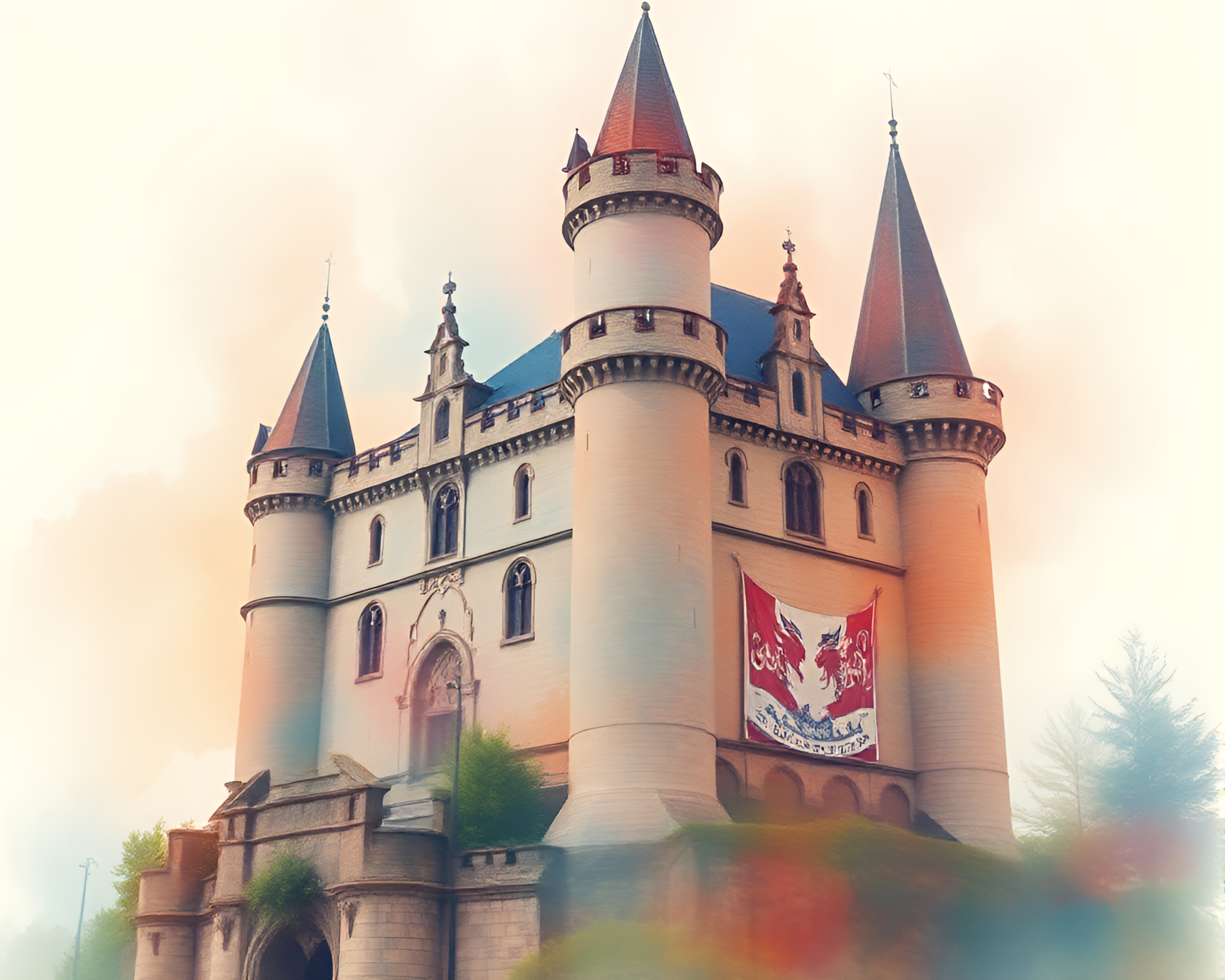 Watercolor Castle Reflections in Low Saturation Telephoto – free AI stock image