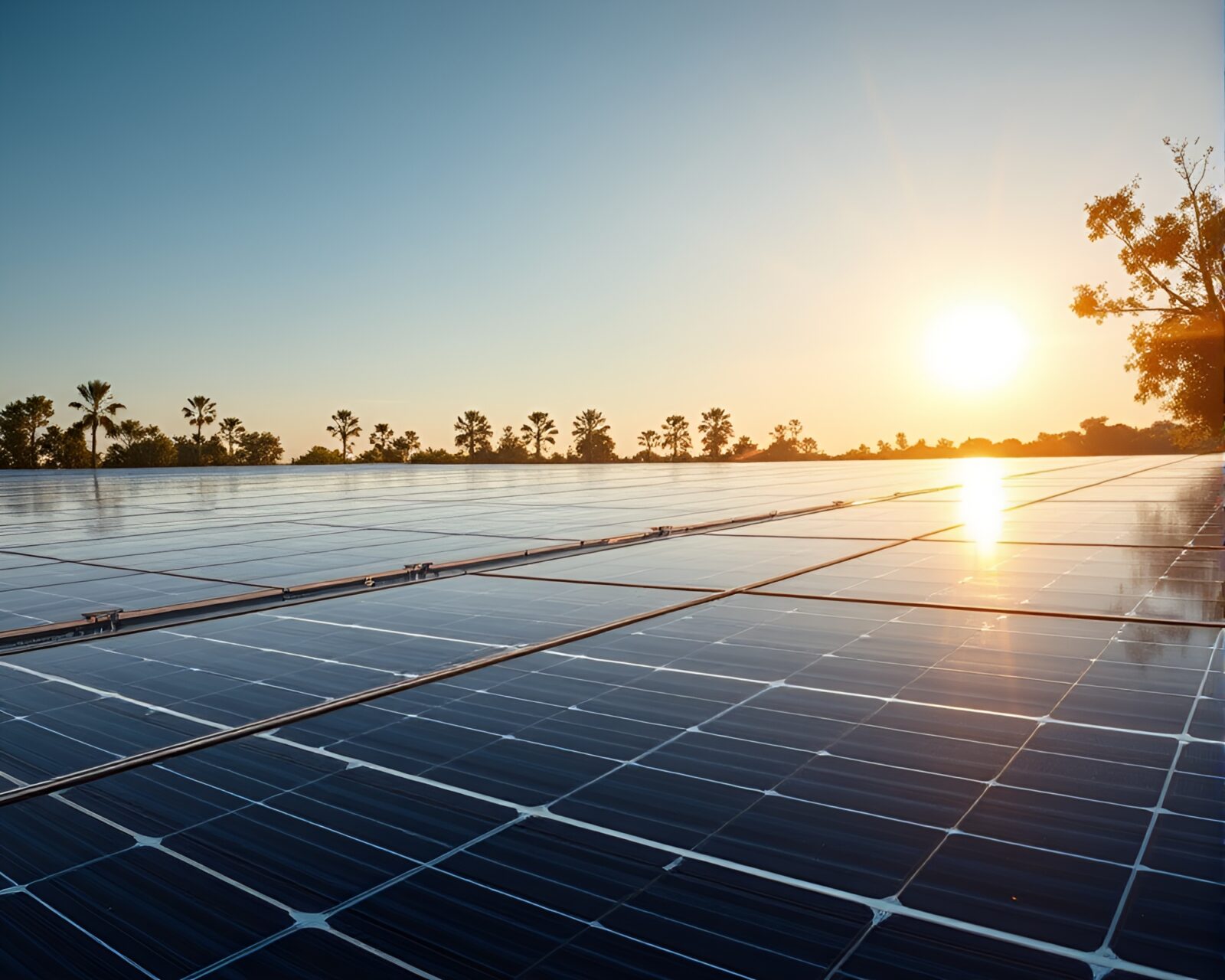 Real-time ray tracing image of solar panel array reflecting sunlight