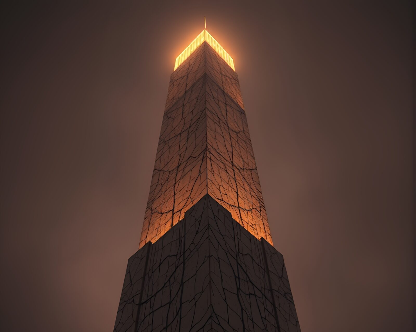 A mesmerizing LED-lit skyscraper emerging from cracked earth.