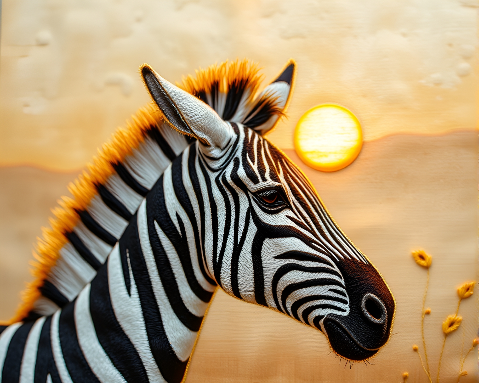 Zebra in Golden Hour Glow with Embroidered Egg Tempera Detail – free AI stock image