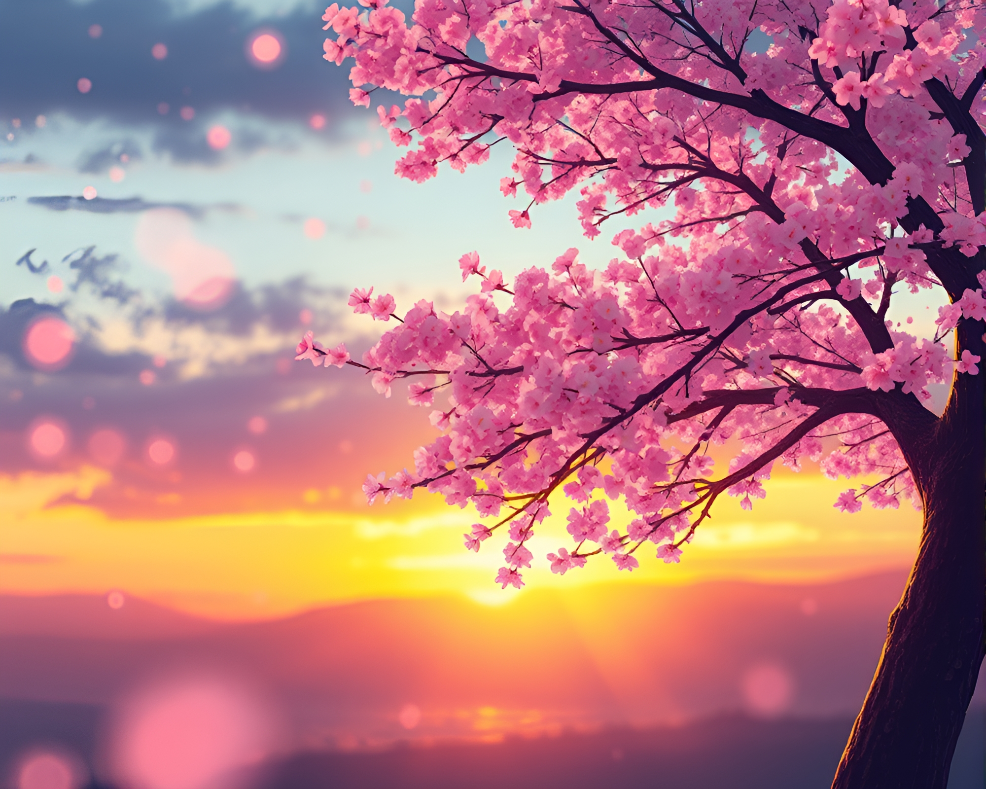 Golden Hour Cherry Blossom Tree Light Leak Illustration – free AI stock image
