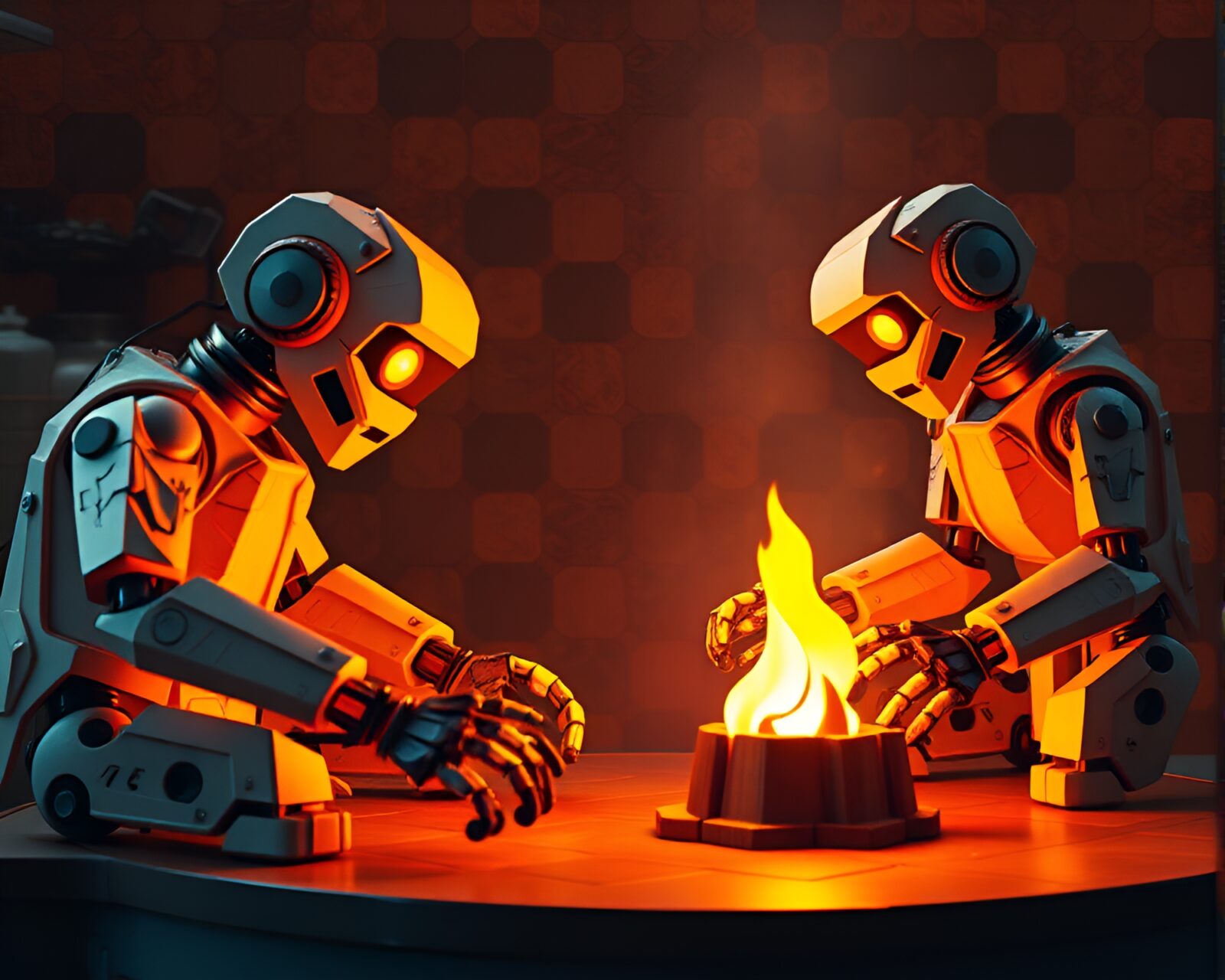 Futuristic robotic lab with warm bonfire glow in hexagonal pattern