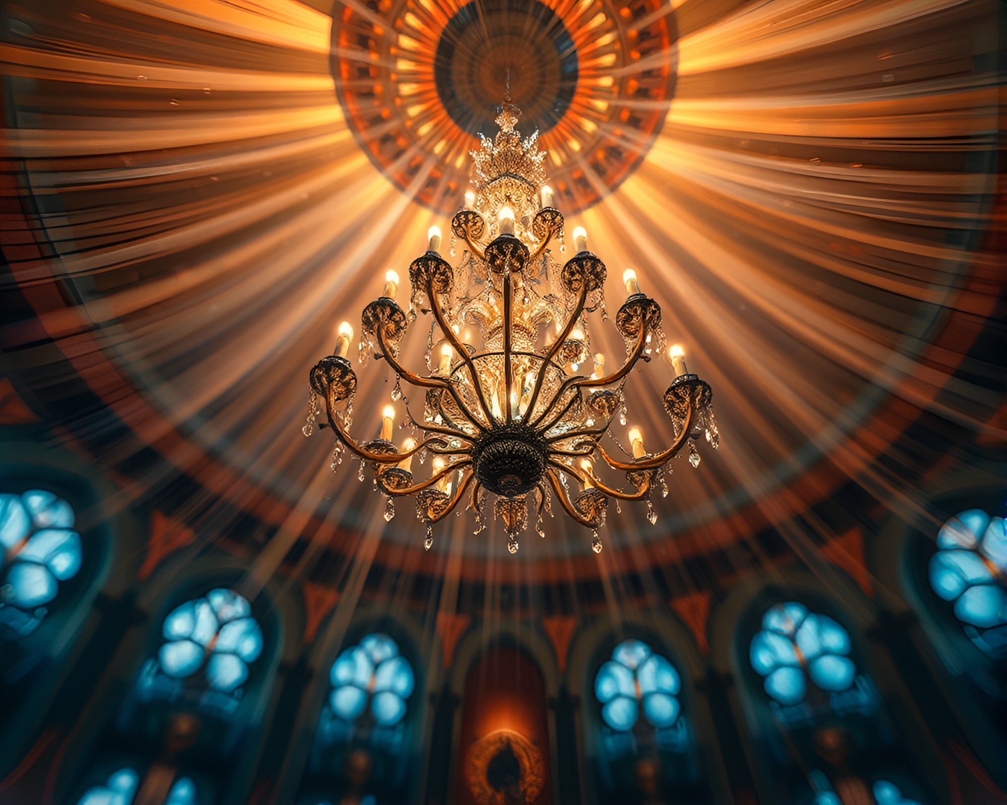 Fractal Chandelier Embraced by God Rays – free AI stock image