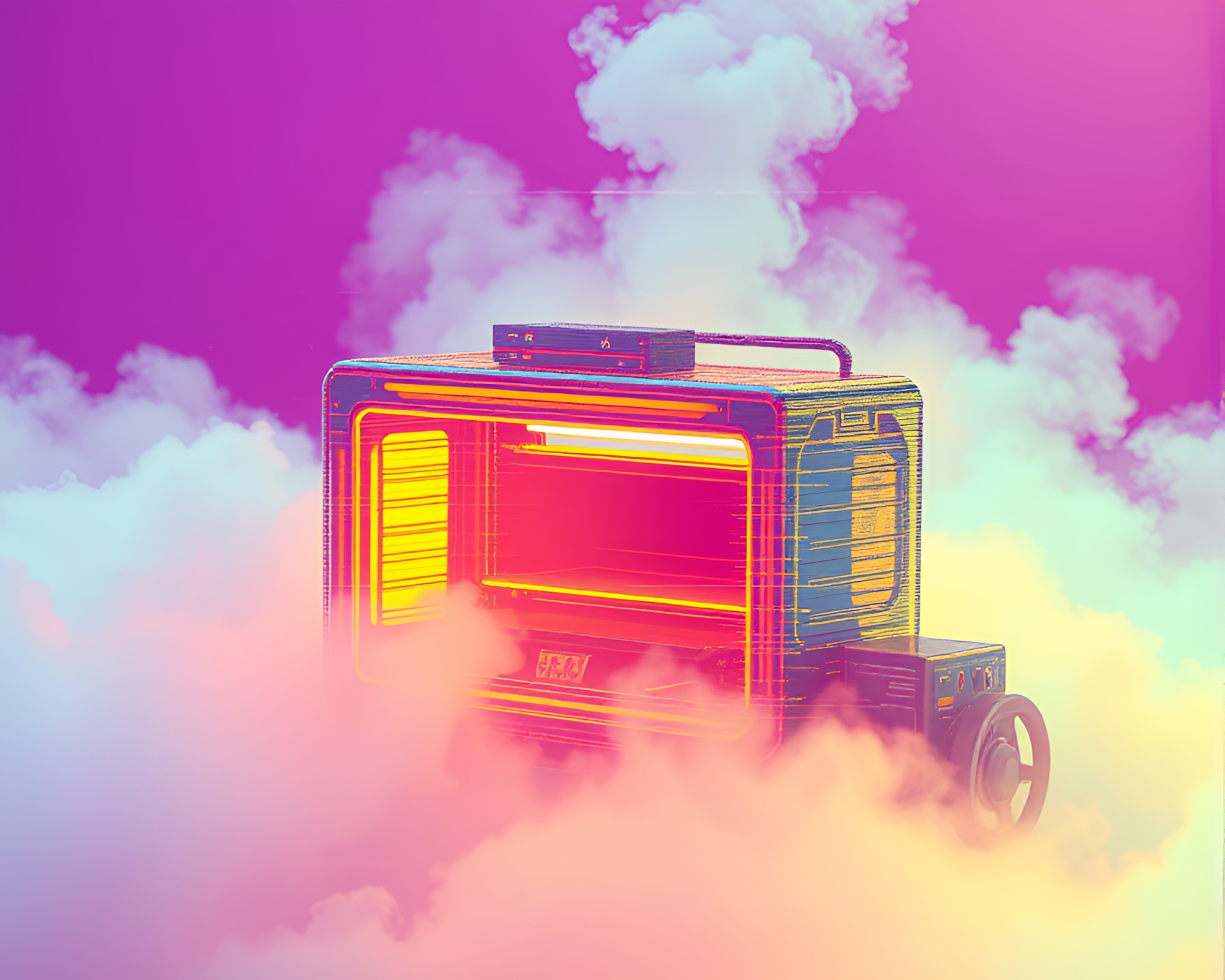 Manga-style 3D Bio-Printer Amid Glitch Fog Banks – free AI stock image