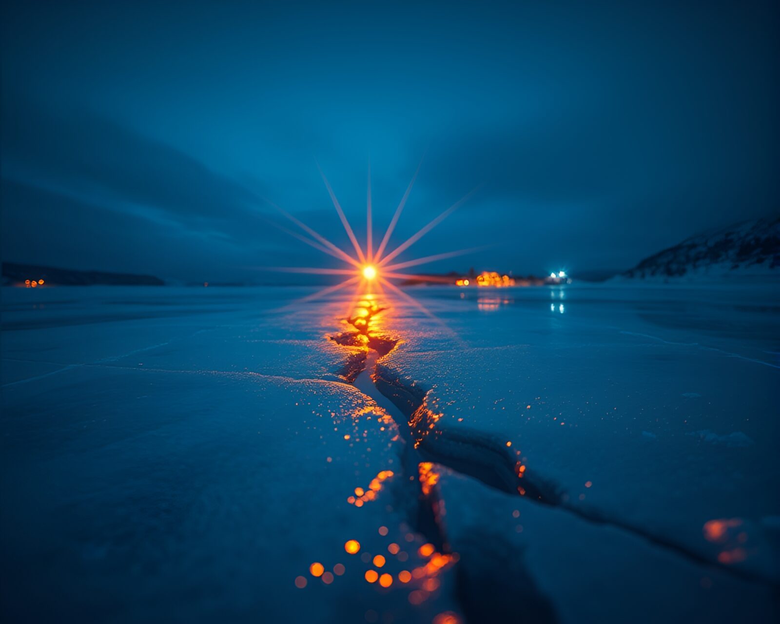 Quiet night as ice cracks reflect vibrant colors