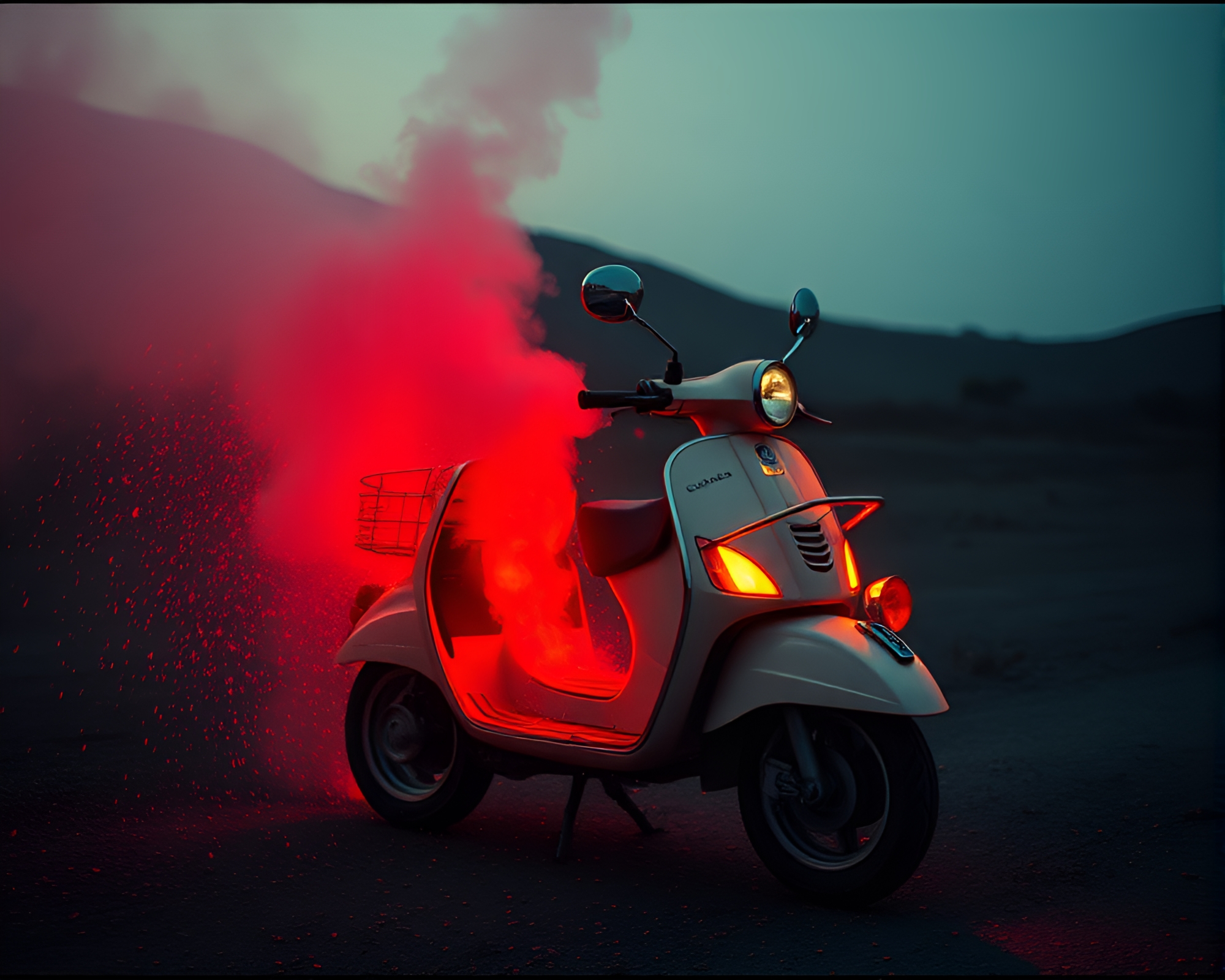 Electric Scooter in Volcano-Red Glow Amid Dust Particles – free AI stock image