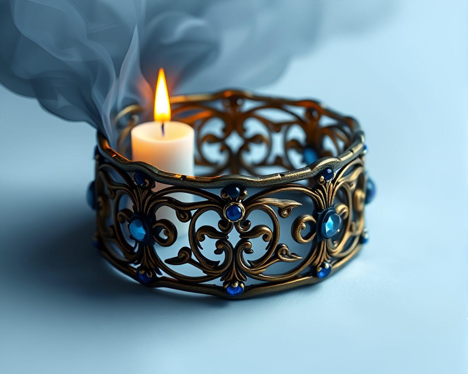 Trompe-l'oeil candle smoke swirling around a cobalt blue bracelet
