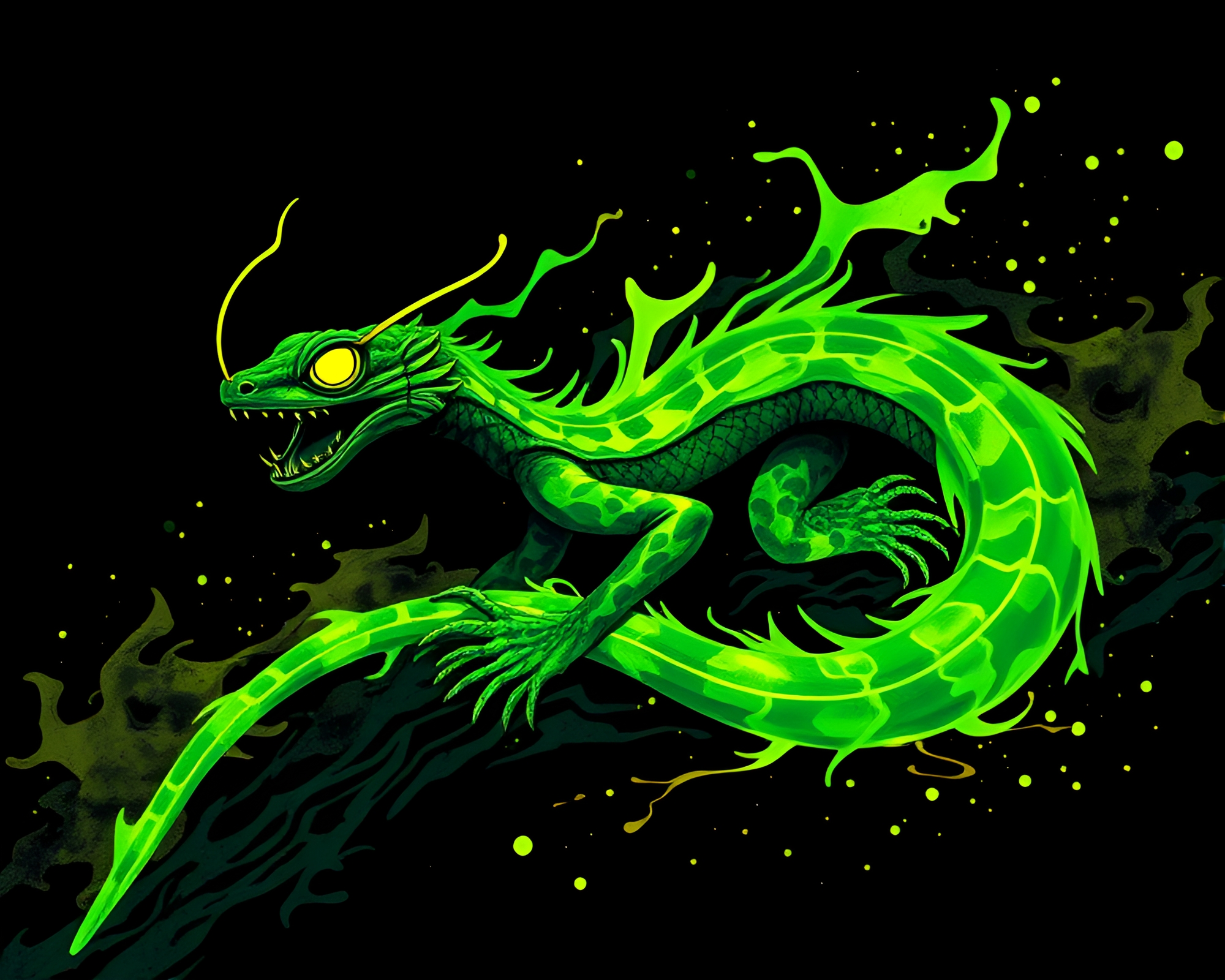 Ink Splashes Transform Basilisk into Glow-in-the-Dark Masterpiece – free AI stock image