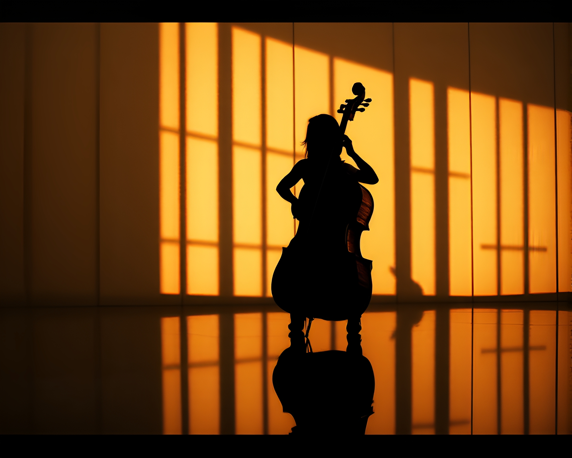Cello Serenade by Moonlight: Reflection Silhouette Film Grain – free AI stock image