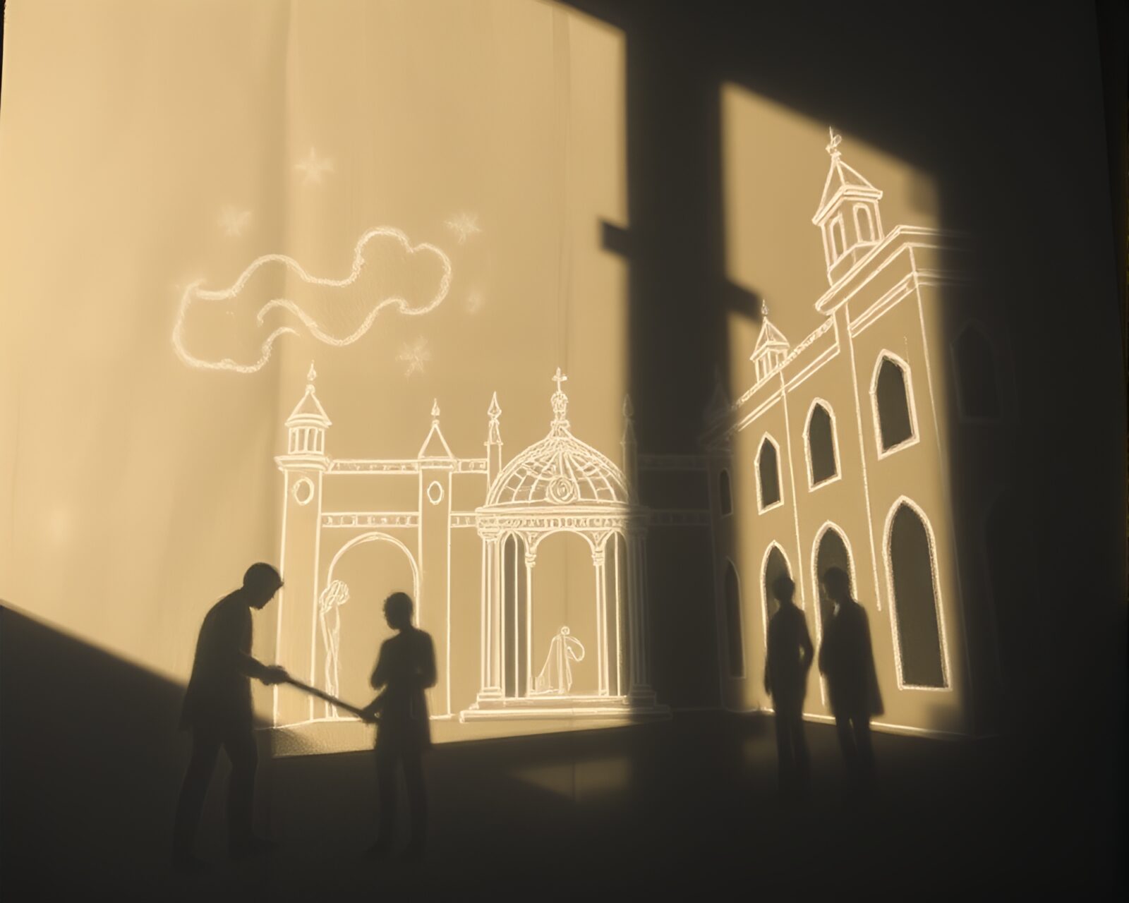 Detailed chalk illustration of a shadowy mind palace