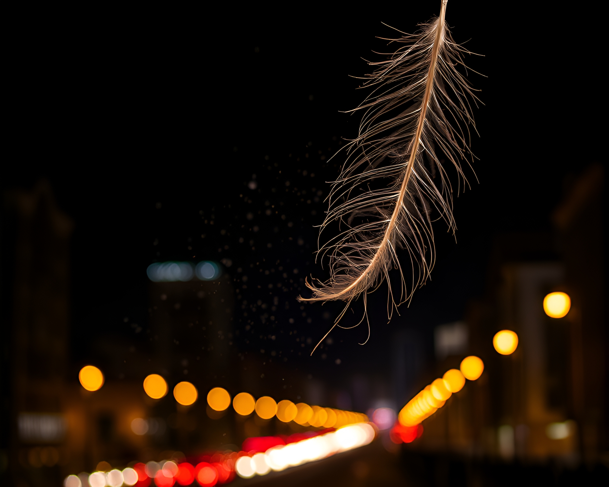 Ethereal Feather Dusting in Illuminated City Cavern – free AI stock image