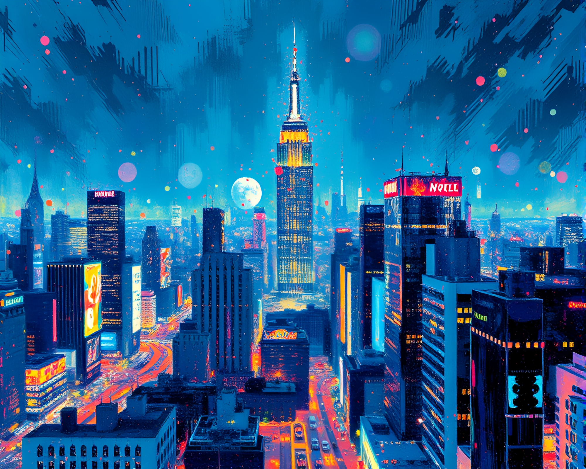 Virtual Pointillism Cityscape with Paint Splatter – free AI stock image