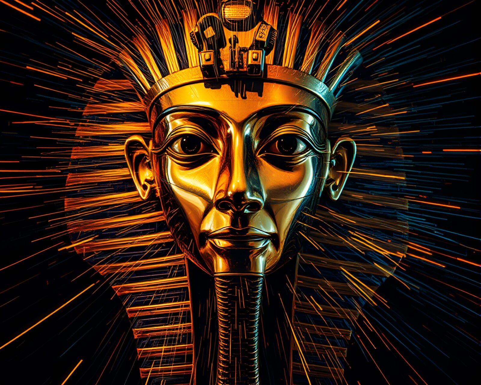 Ethereal Pharaoh mask surrounded by dynamic light streaks