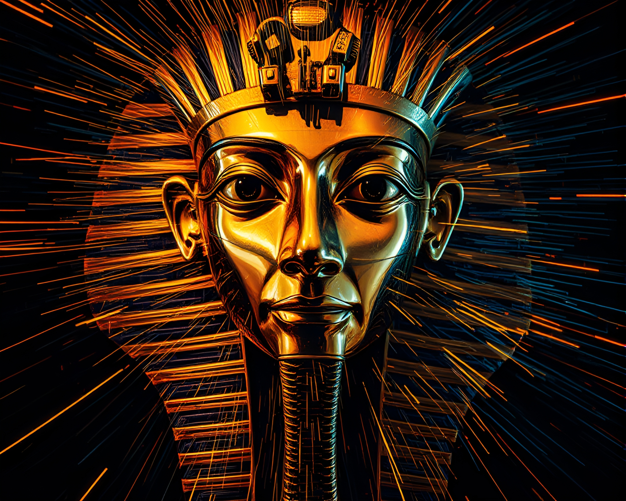 Pharaoh Mask Illuminated by Light Streaks in Kinetic Art – free AI stock image