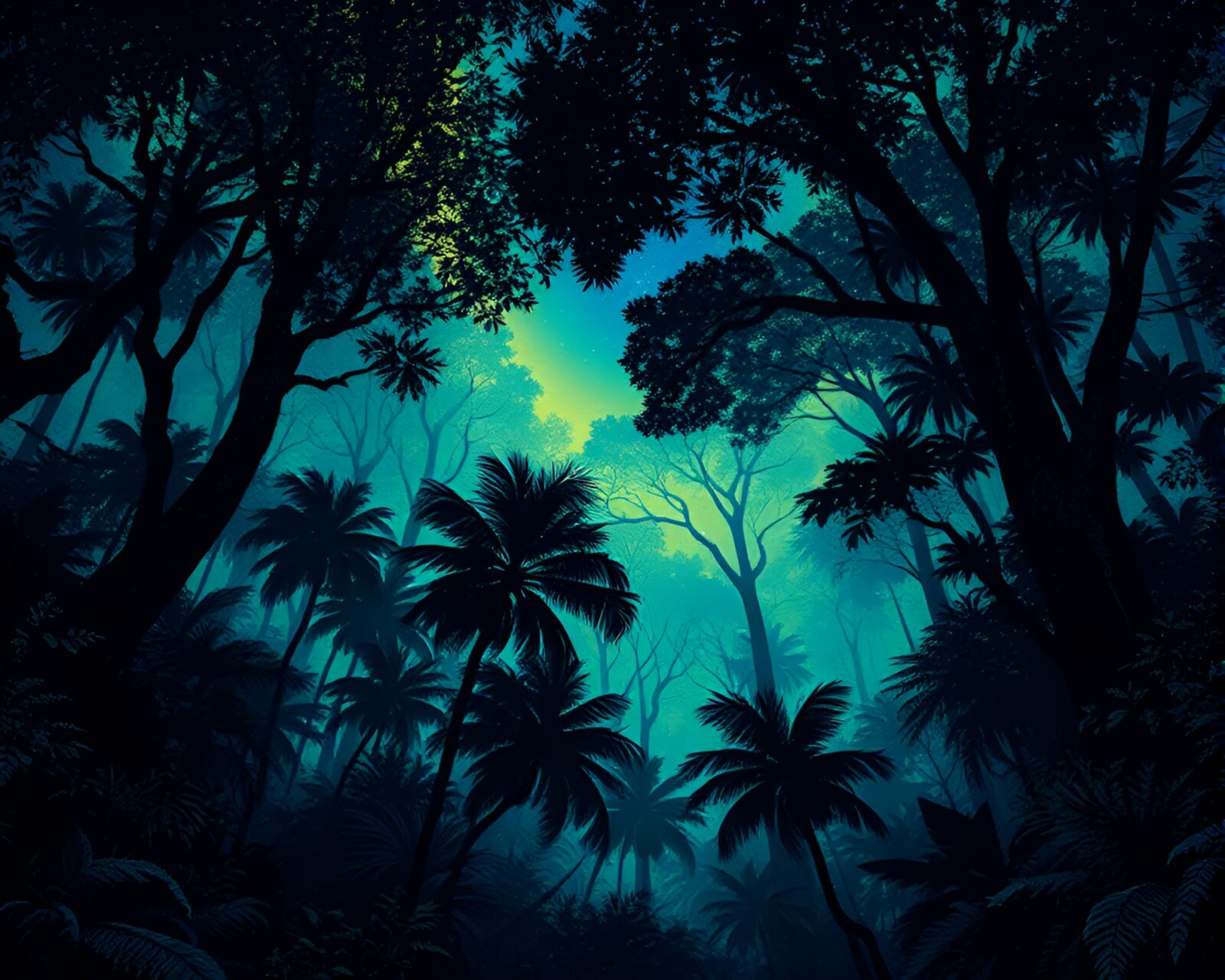 Vibrant jungle scene with glowing plants depicted in dots