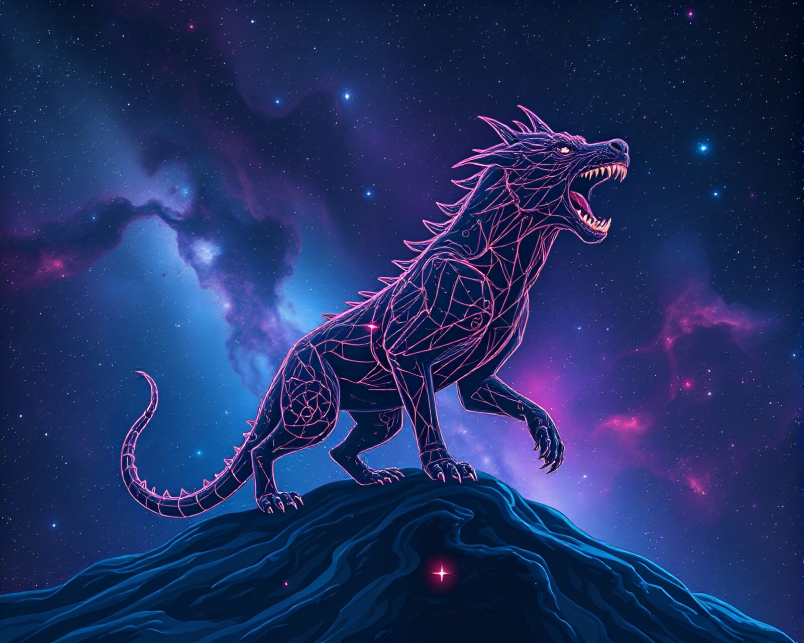Celestial dog with triple heads embracing cosmic hues.