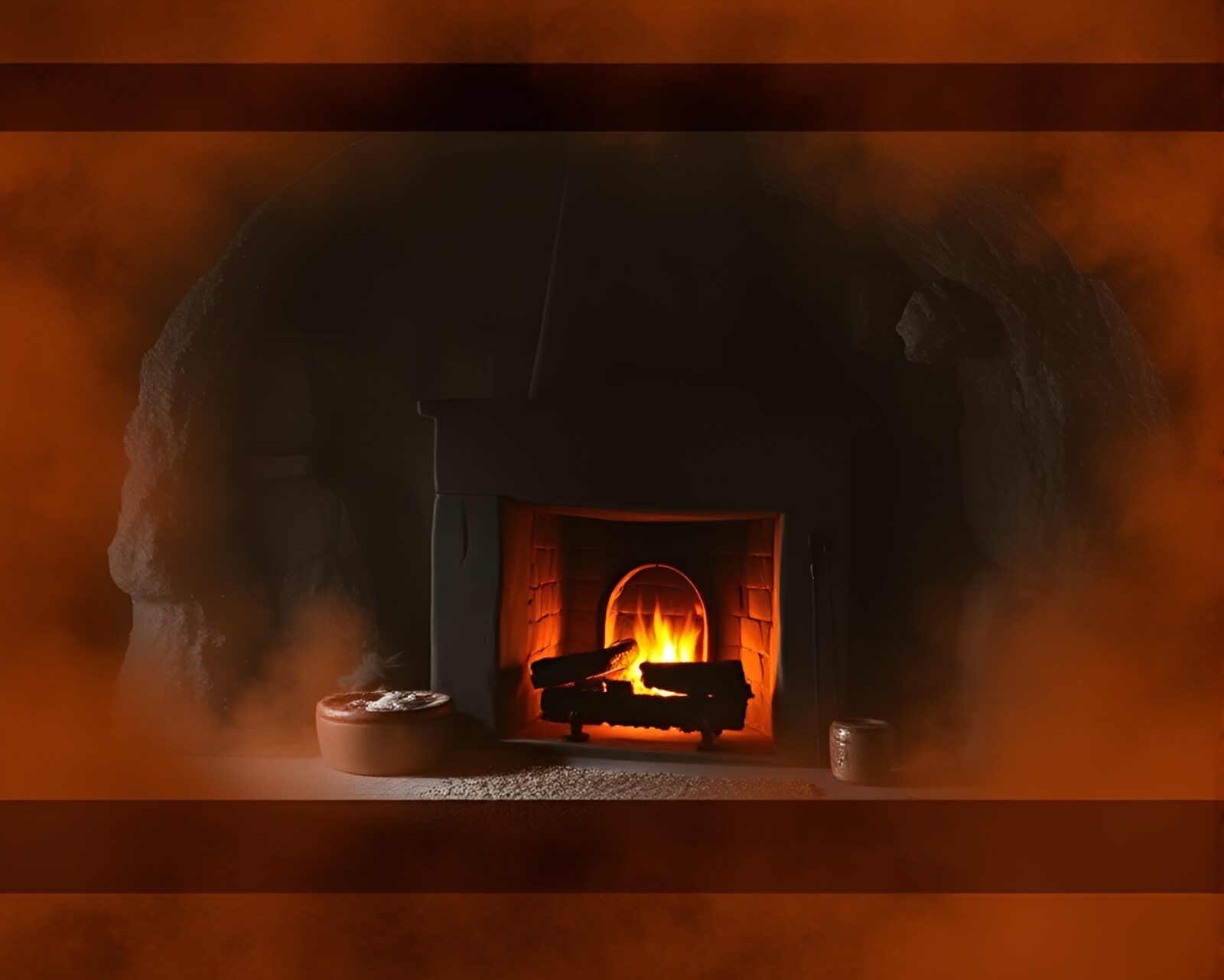 Mystical cavern with flickering fireplace under dust overlay